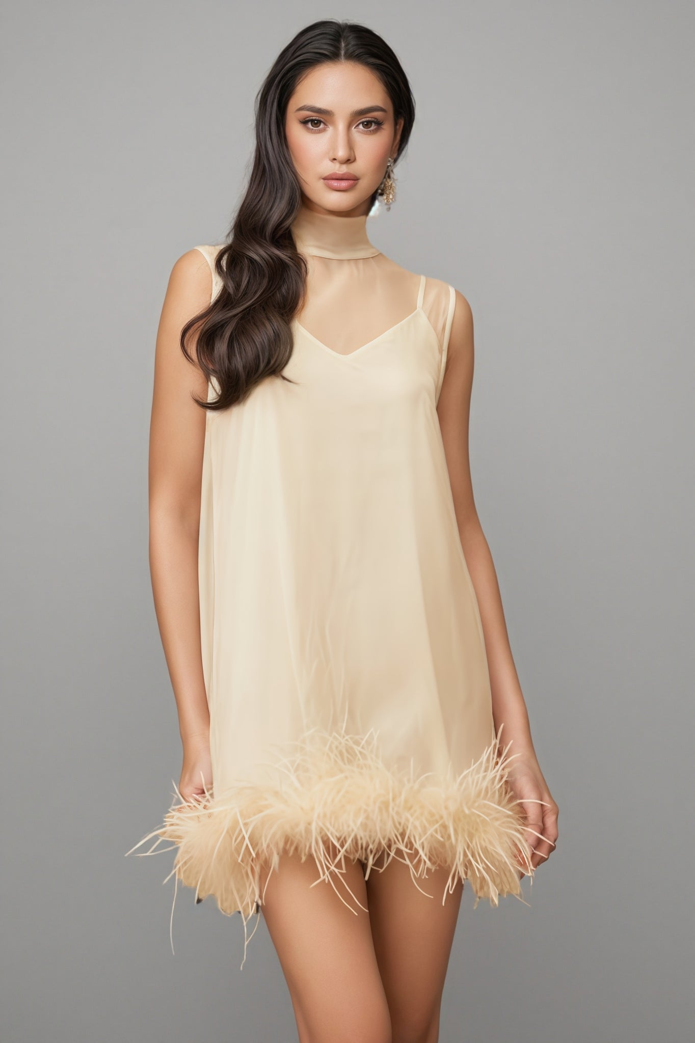 Neoma White Feather Trim Mini Dress - View 5