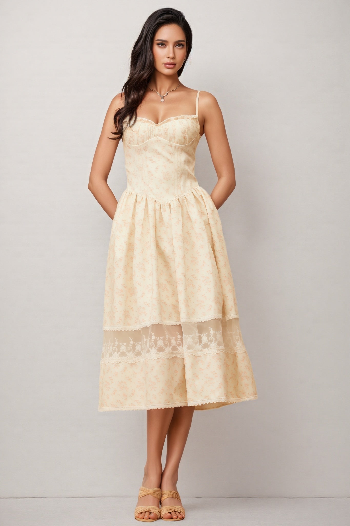 Floral Print Sweetheart Spaghetti Strap Bustier Lace Trim Midi Dress