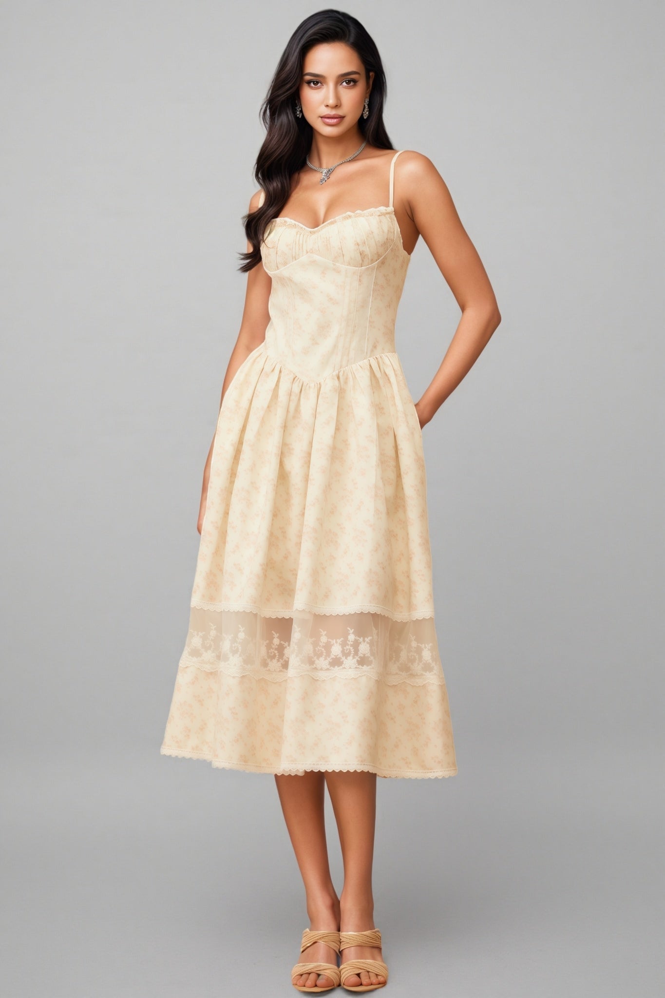 Floral Print Sweetheart Spaghetti Strap Bustier Lace Trim Midi Dress