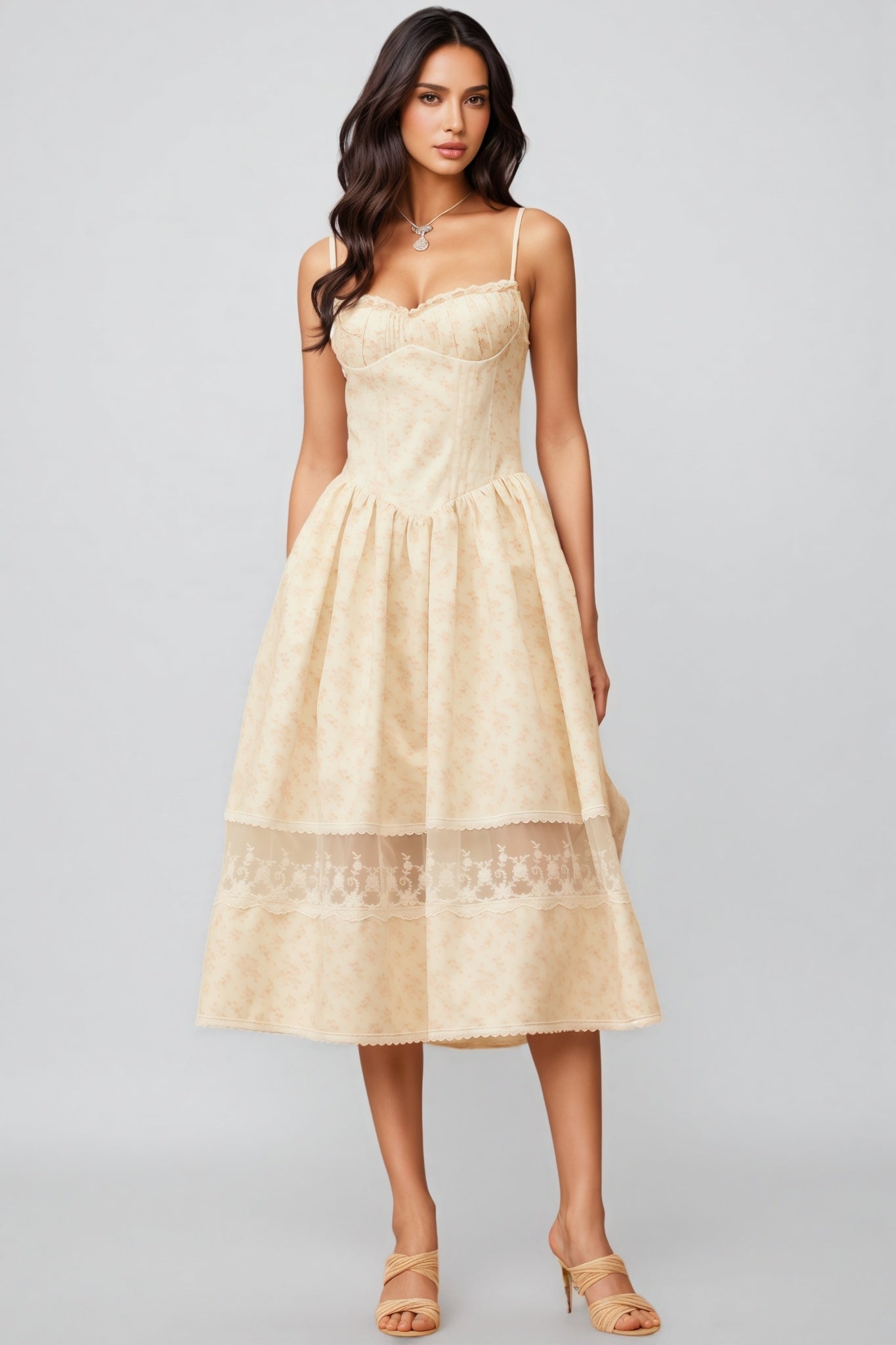 Floral Print Sweetheart Spaghetti Strap Bustier Lace Trim Midi Dress