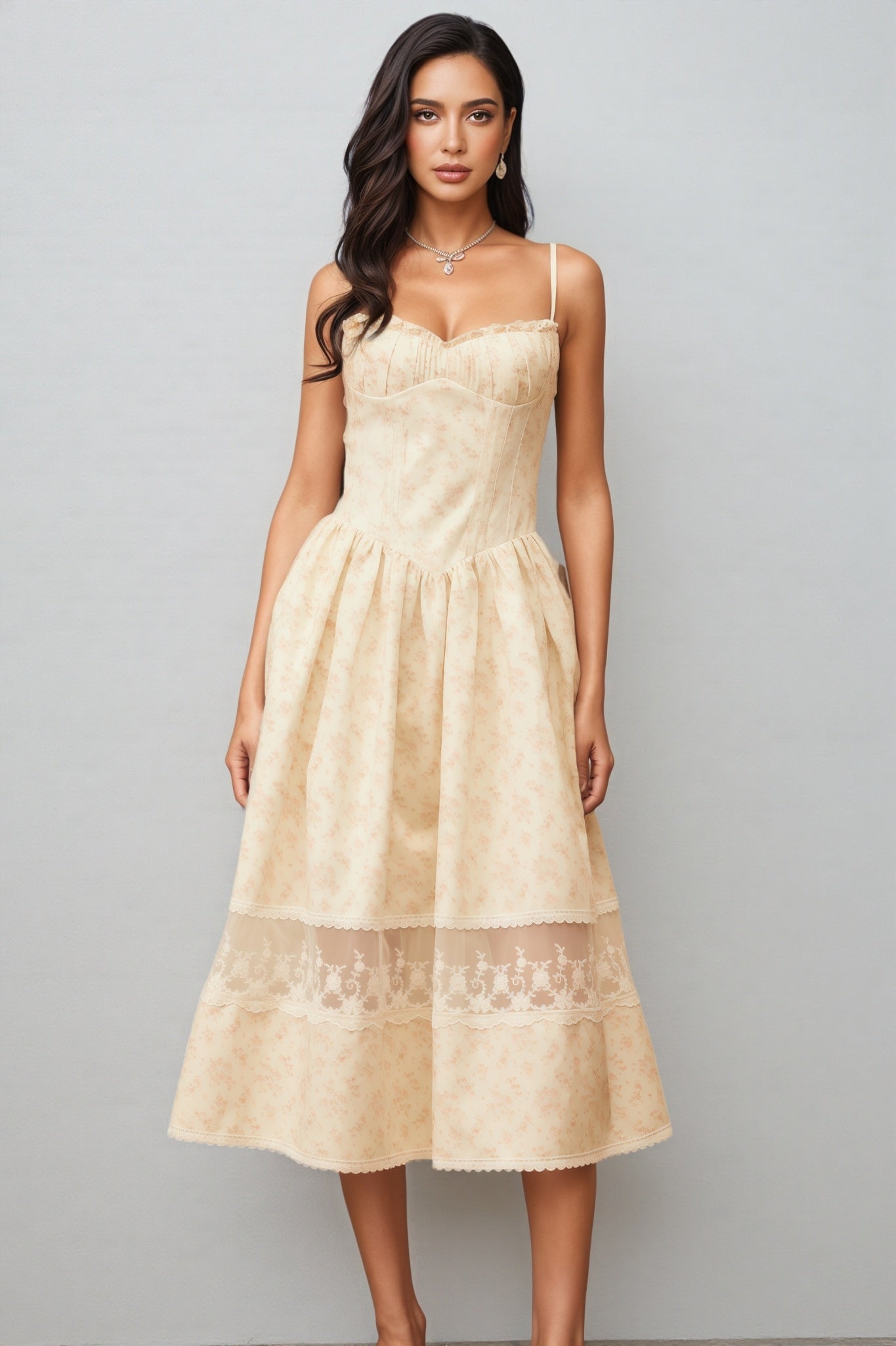 Floral Print Sweetheart Spaghetti Strap Bustier Lace Trim Midi Dress