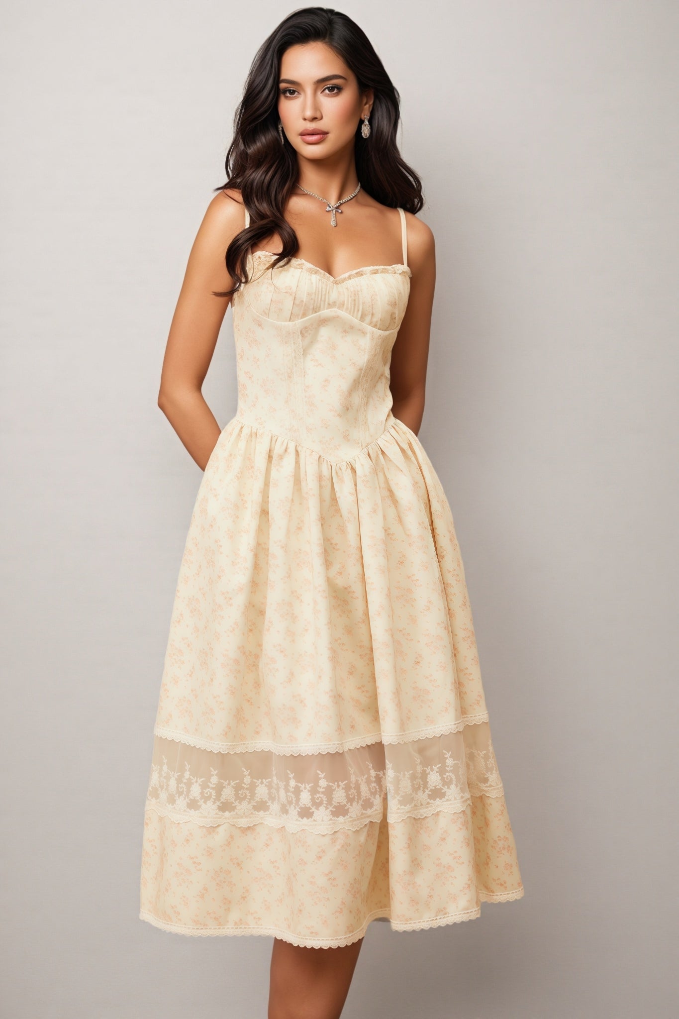 Floral Print Sweetheart Spaghetti Strap Bustier Lace Trim Midi Dress