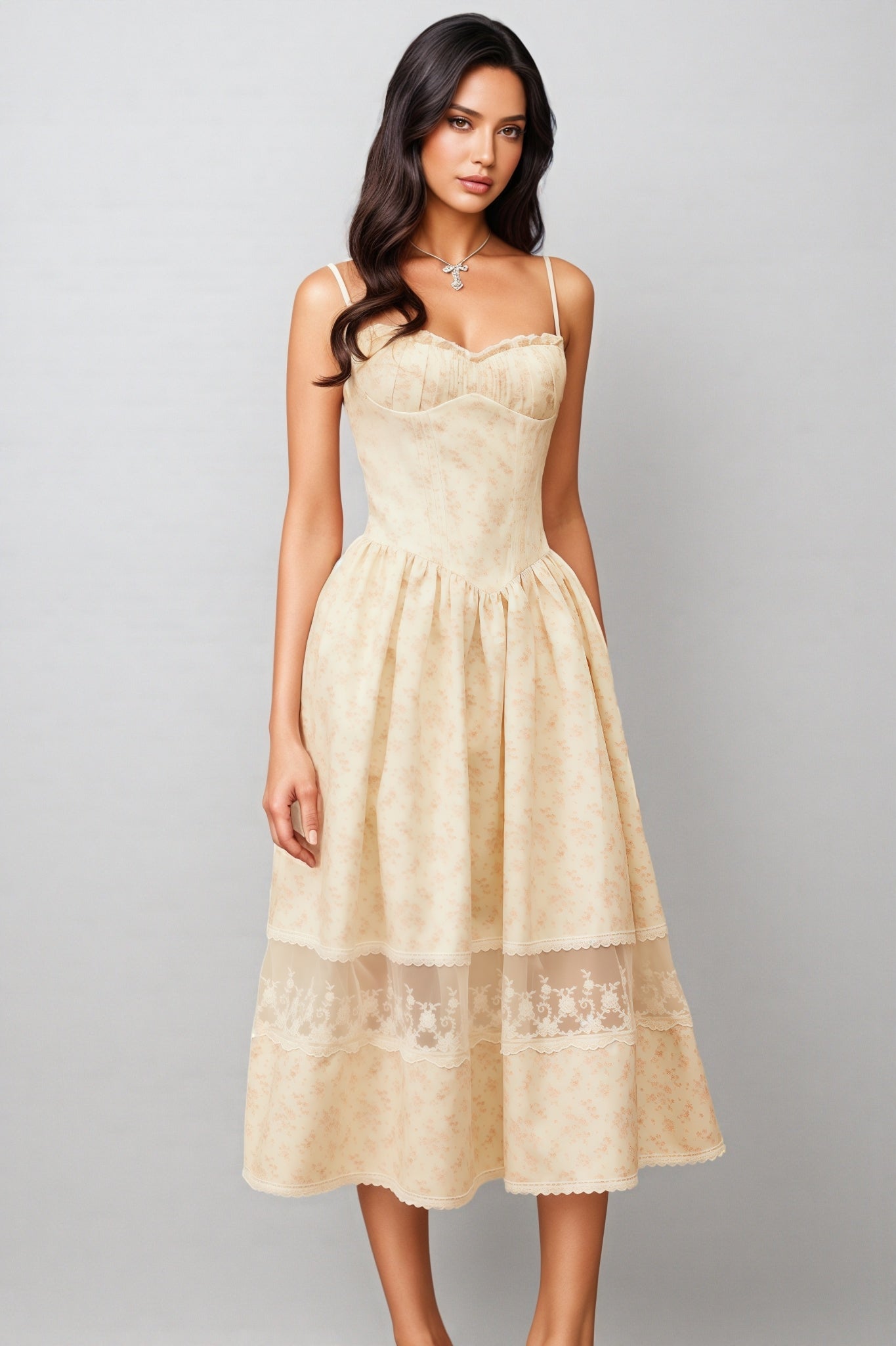 Floral Print Sweetheart Spaghetti Strap Bustier Lace Trim Midi Dress