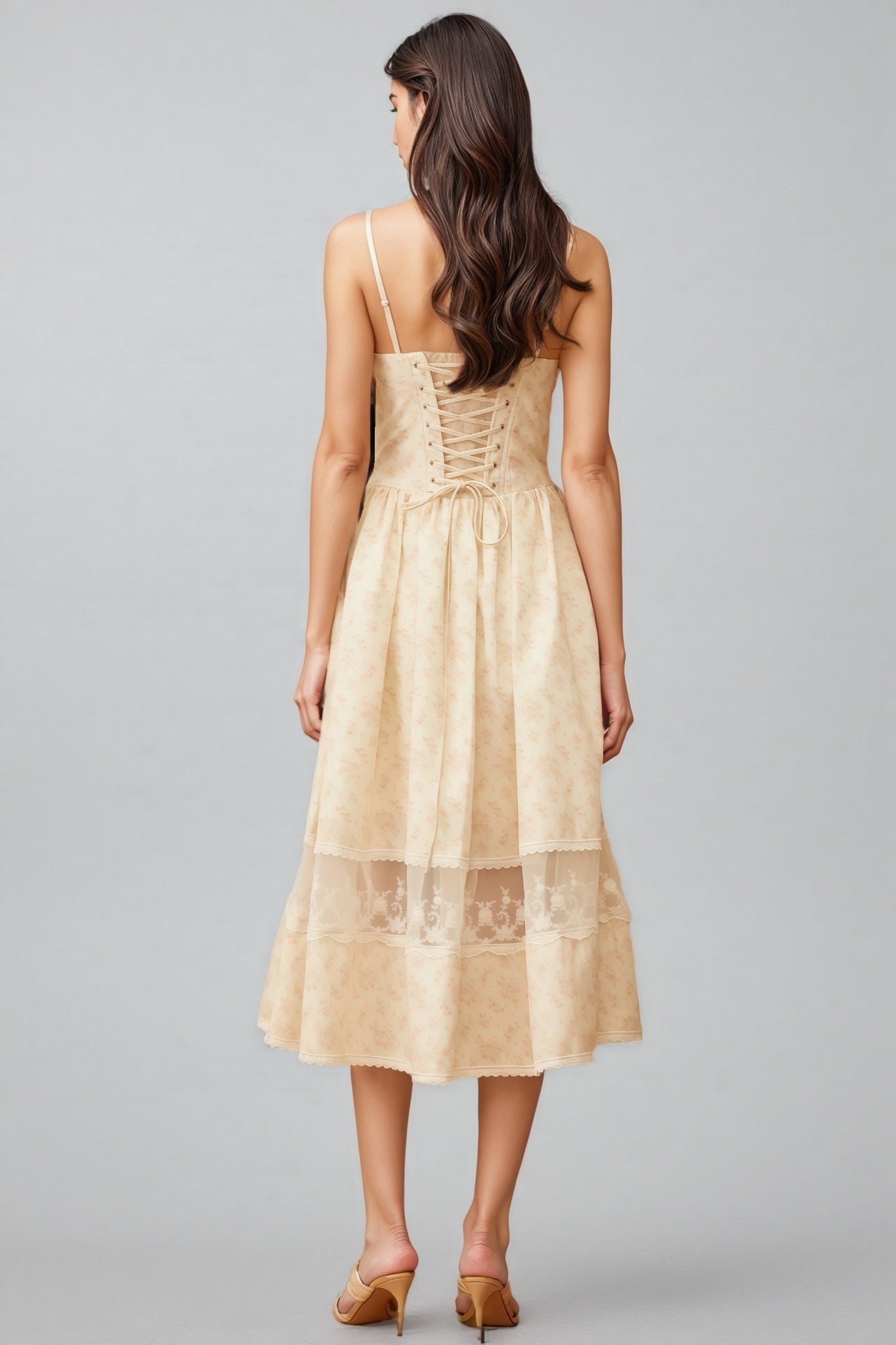 Floral Print Sweetheart Spaghetti Strap Bustier Lace Trim Midi Dress
