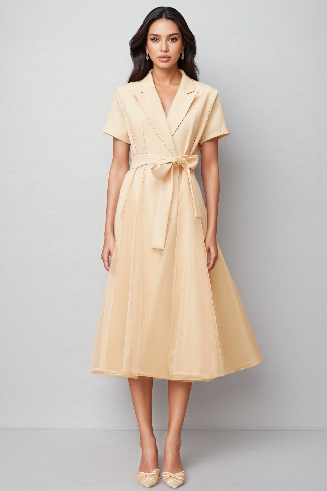Ivonne Neutral Tulle Panel Wraped Midi Dress