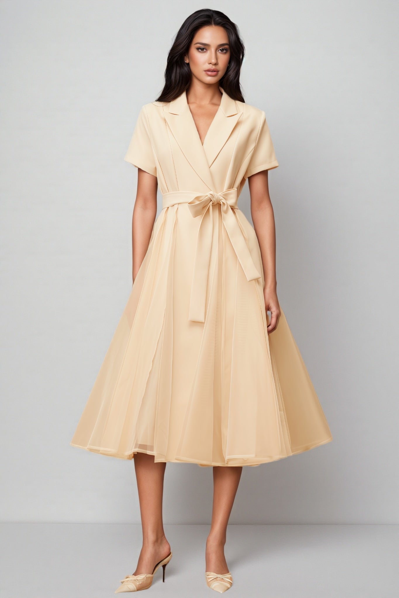 Ivonne Neutral Tulle Panel Wraped Midi Dress - View 2