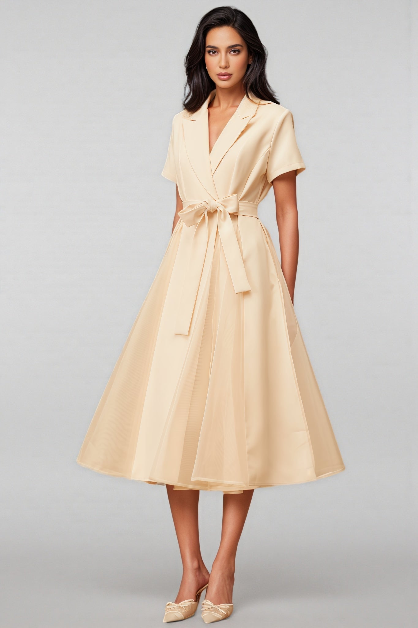 Ivonne Neutral Tulle Panel Wraped Midi Dress - View 3