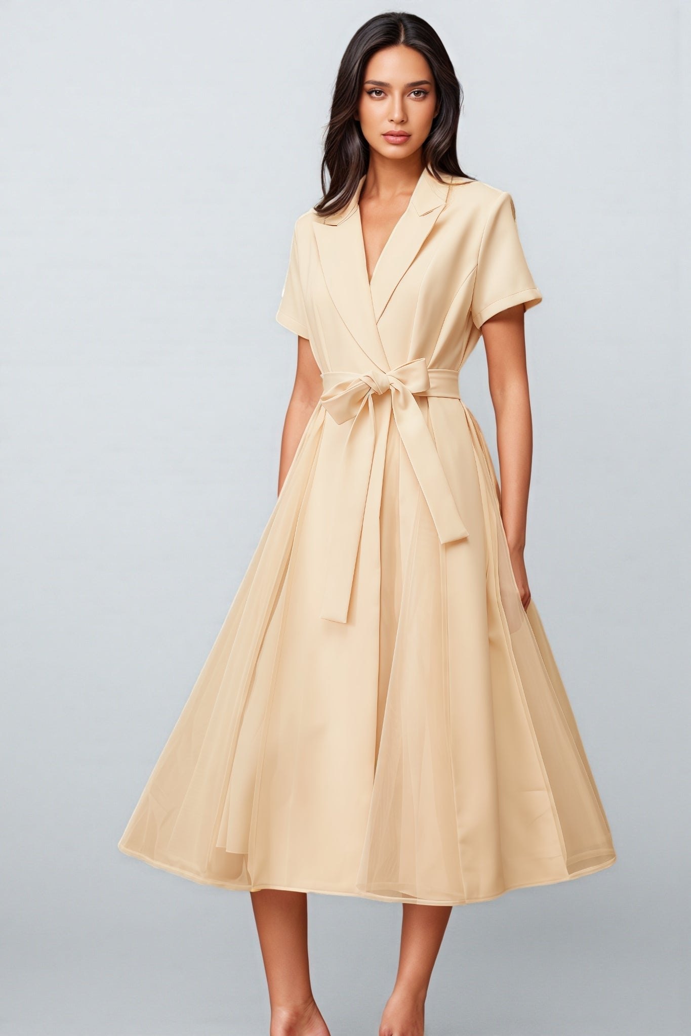 Ivonne Neutral Tulle Panel Wraped Midi Dress - View 6