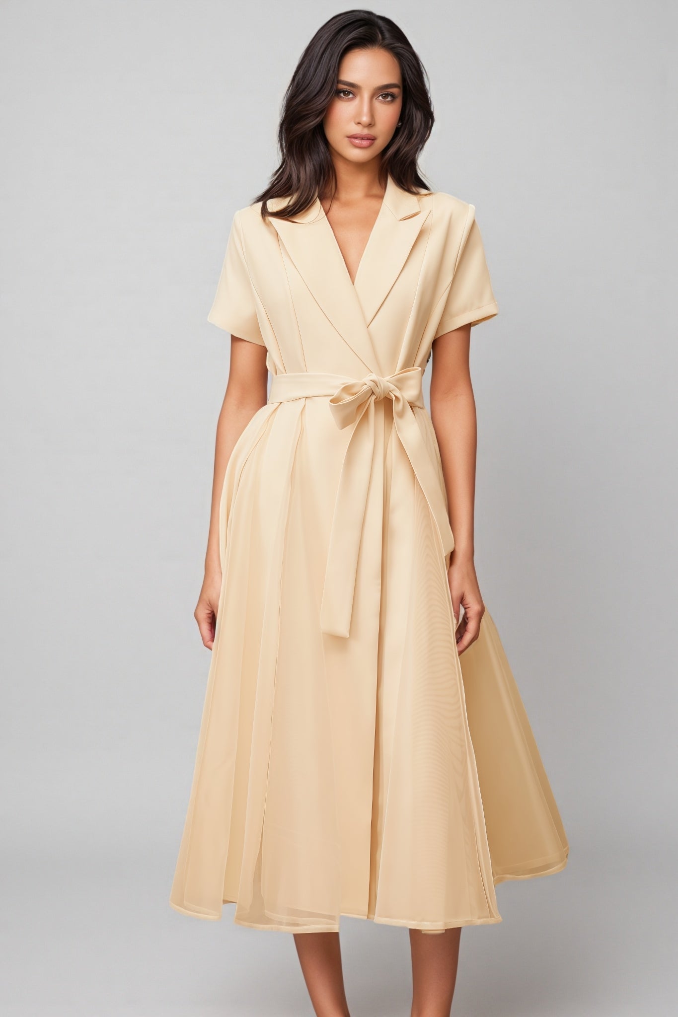 Ivonne Neutral Tulle Panel Wraped Midi Dress - View 4