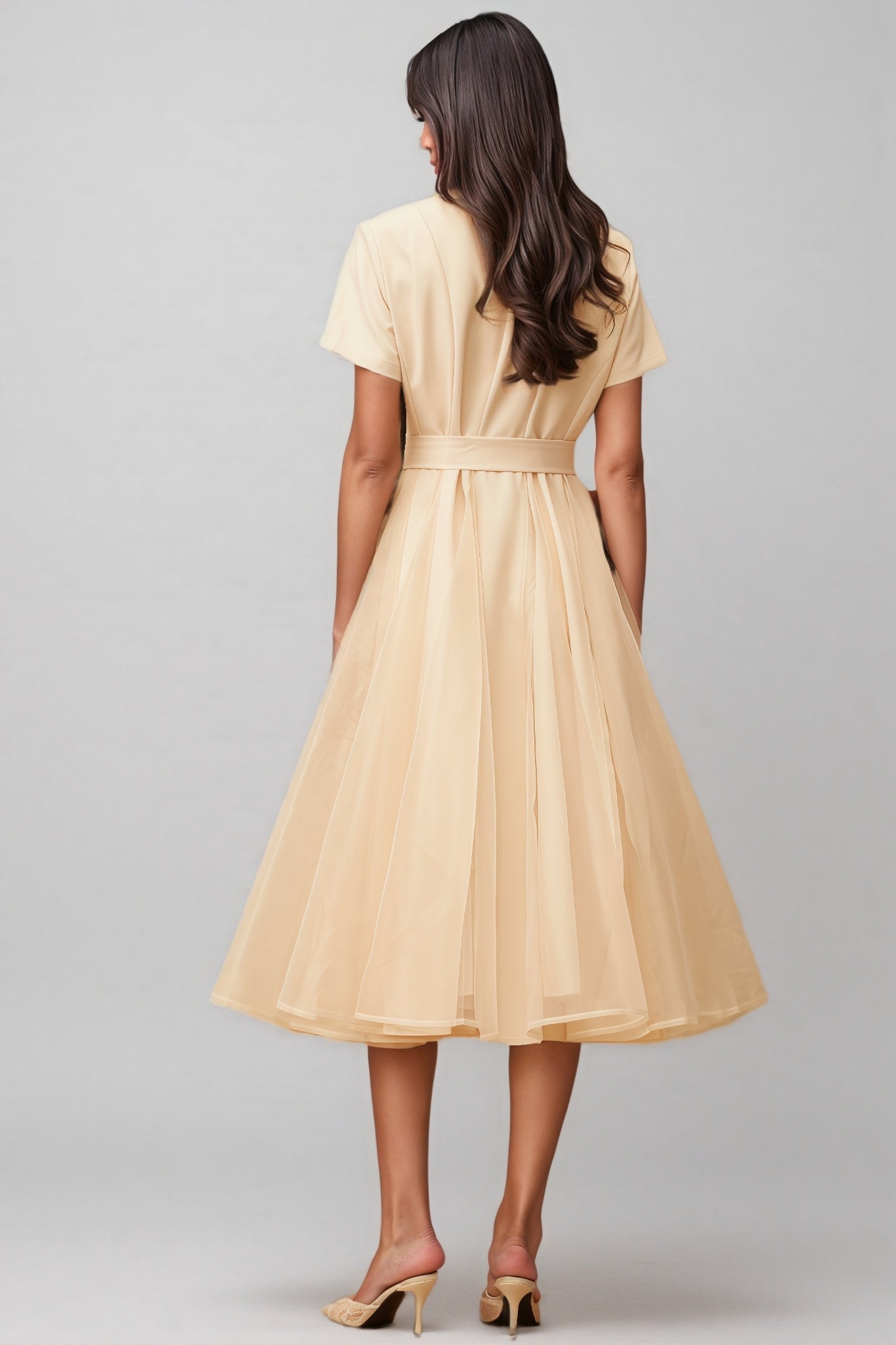 Ivonne Neutral Tulle Panel Wraped Midi Dress - View 7