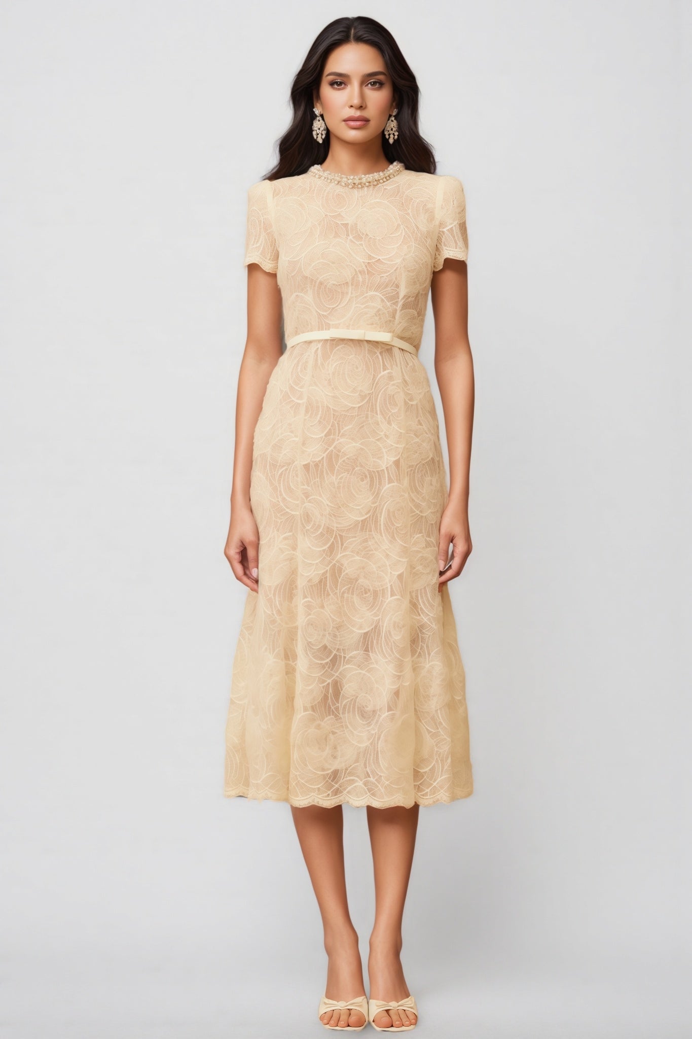Lace Crew Neck Short Sleeve Pearl Trim A-Line Midi Dress