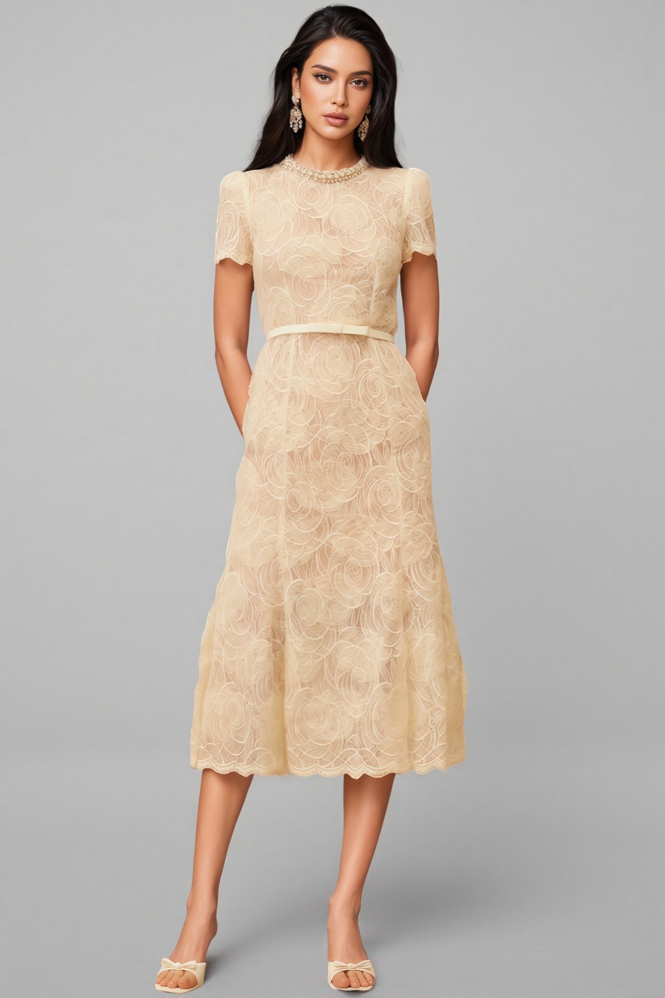 Lace Crew Neck Short Sleeve Pearl Trim A-Line Midi Dress