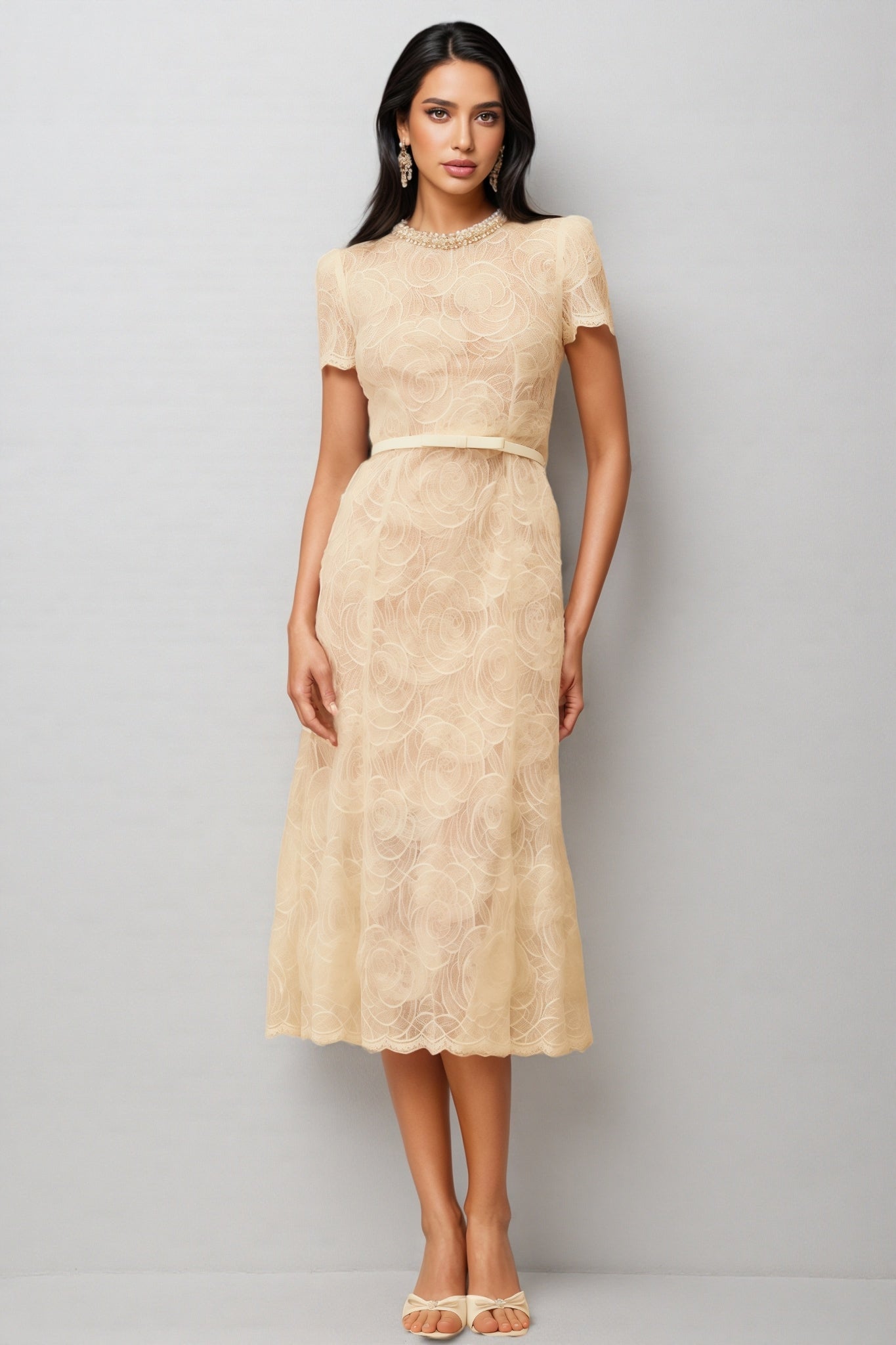 Lace Crew Neck Short Sleeve Pearl Trim A-Line Midi Dress