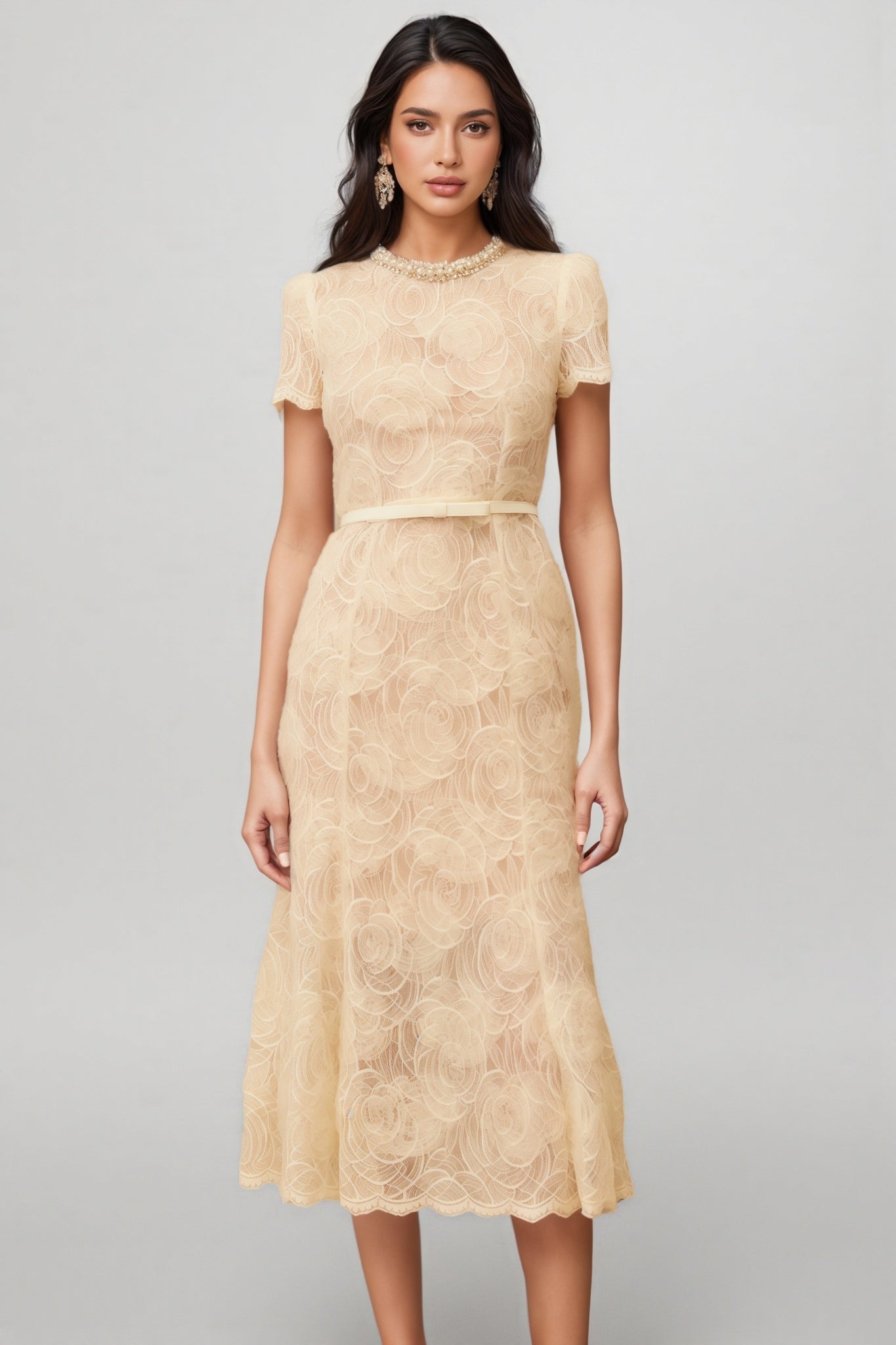Lace Crew Neck Short Sleeve Pearl Trim A-Line Midi Dress