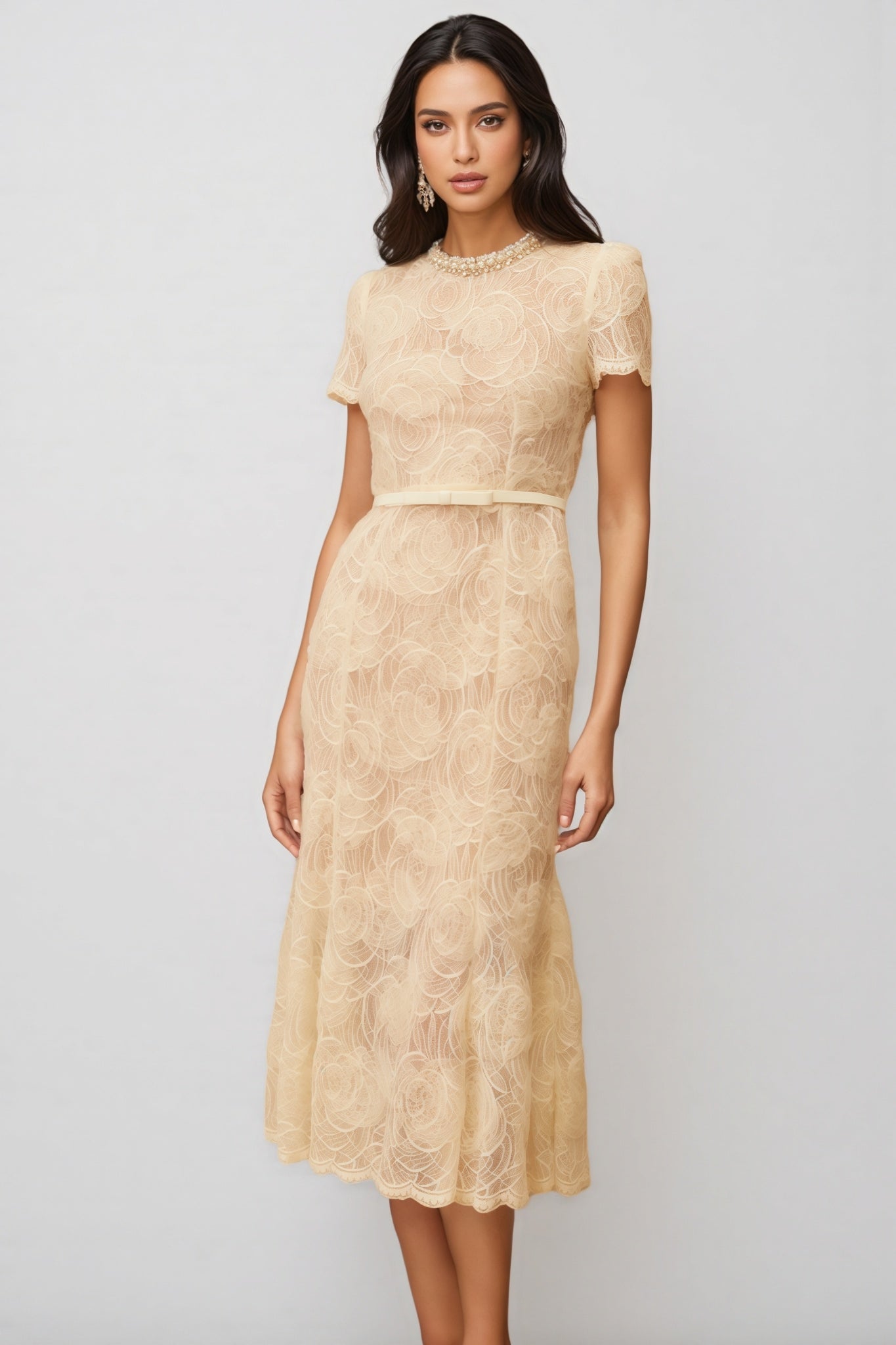 Lace Crew Neck Short Sleeve Pearl Trim A-Line Midi Dress