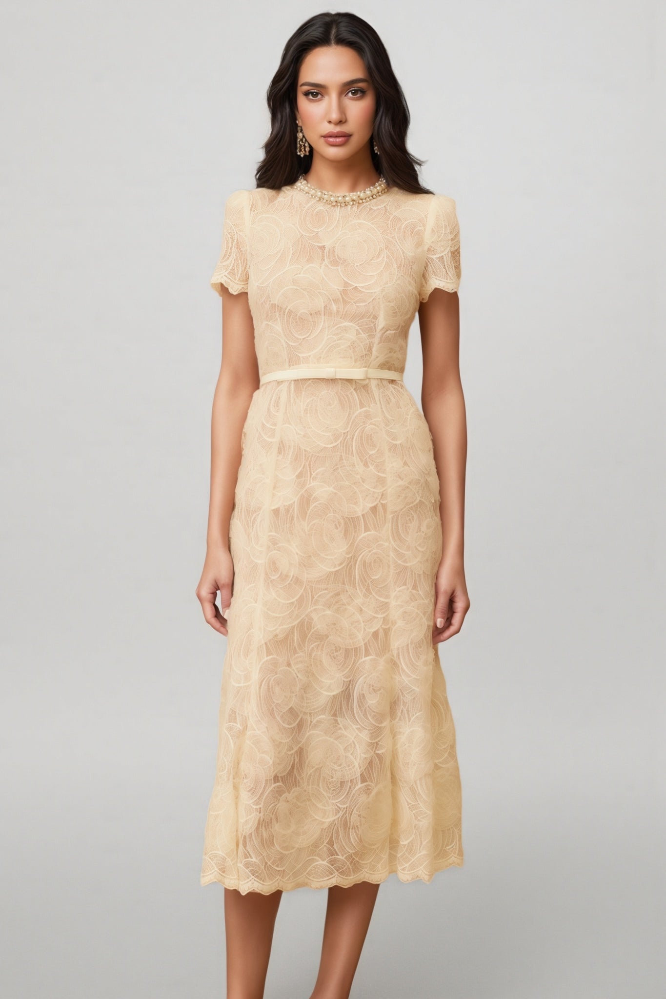 Lace Crew Neck Short Sleeve Pearl Trim A-Line Midi Dress