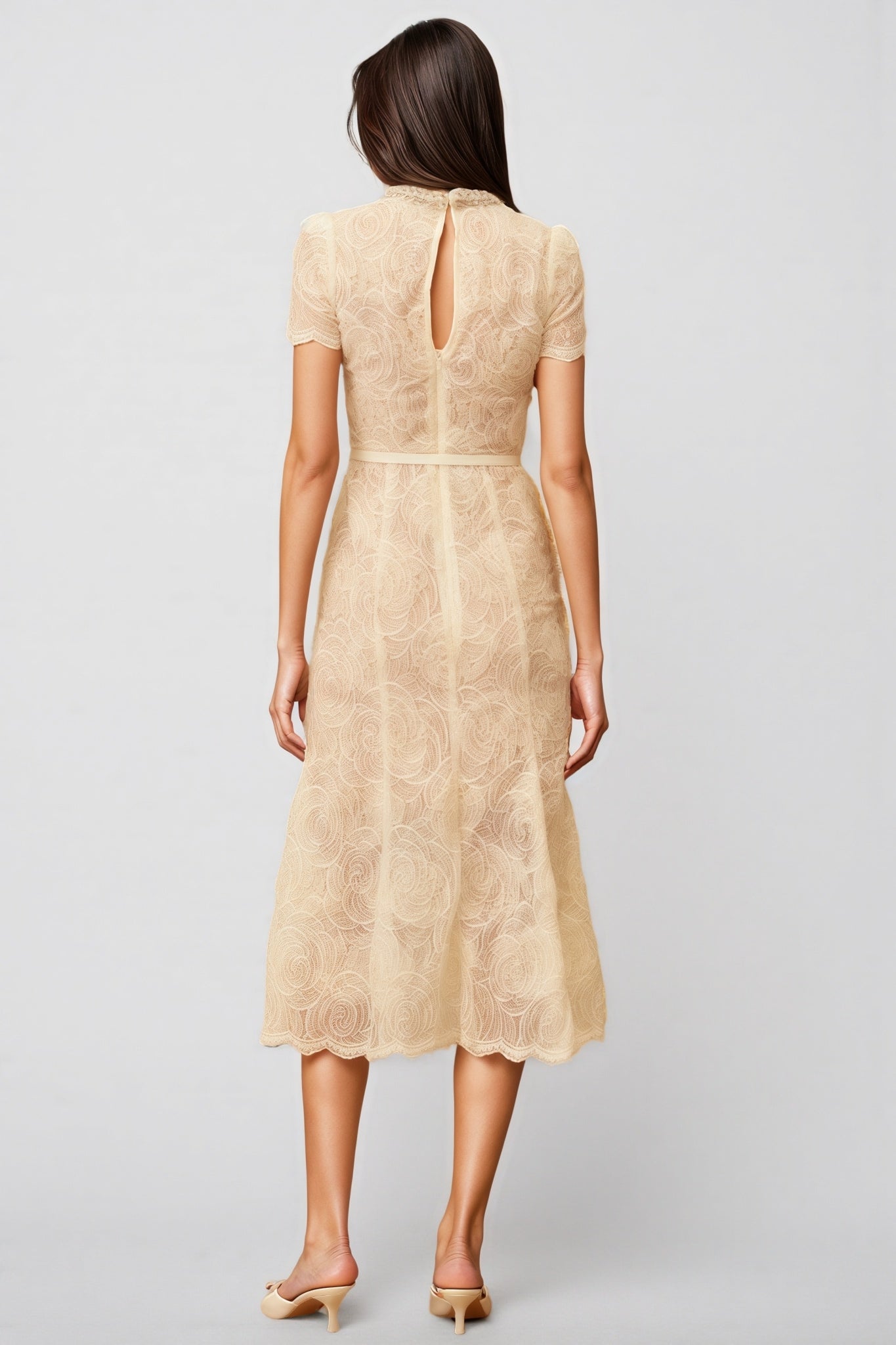 Lace Crew Neck Short Sleeve Pearl Trim A-Line Midi Dress