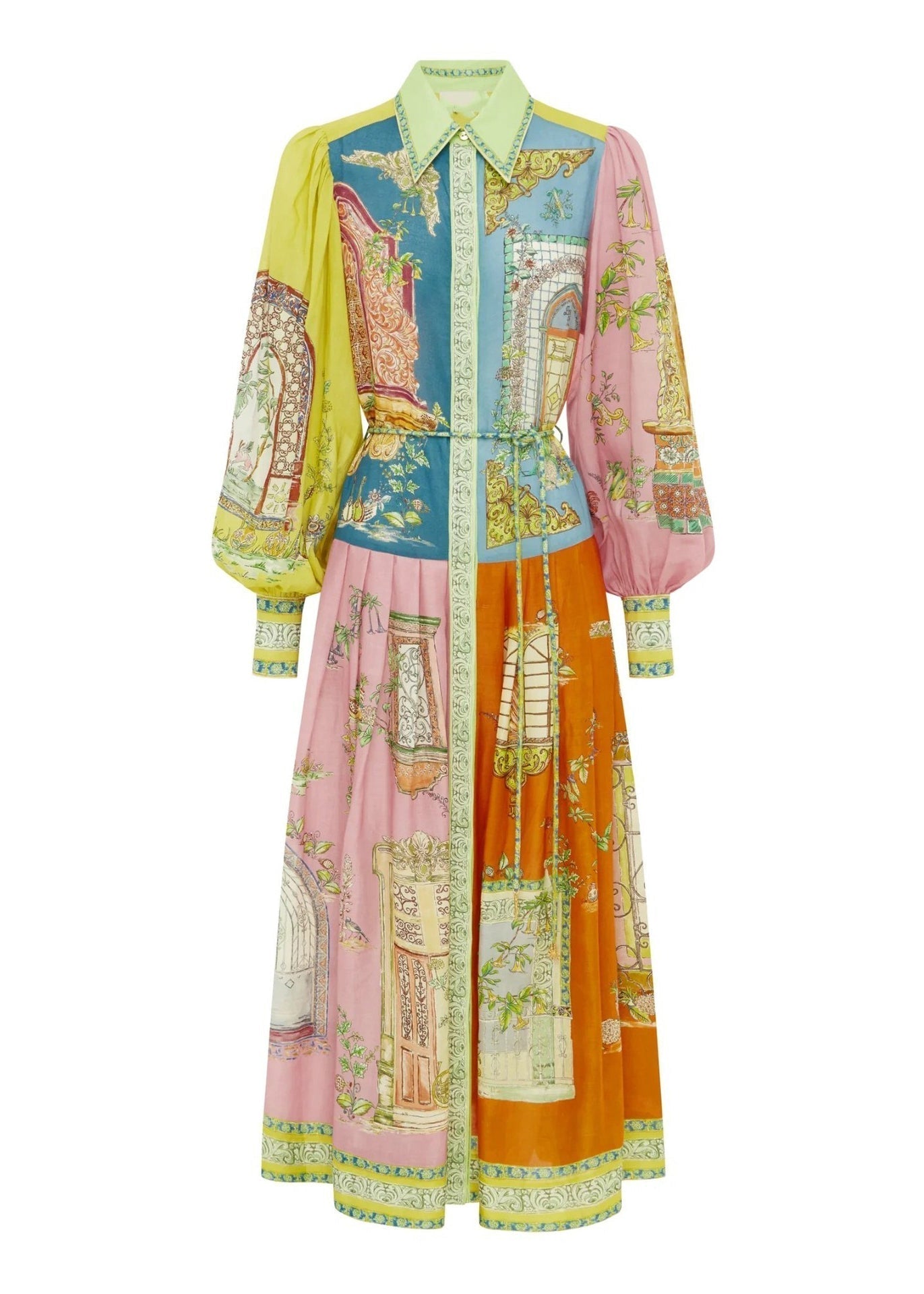 Architectural Patchwork Print Puff Sleeve Button Down Belted Pleated Midi Shirt Dress