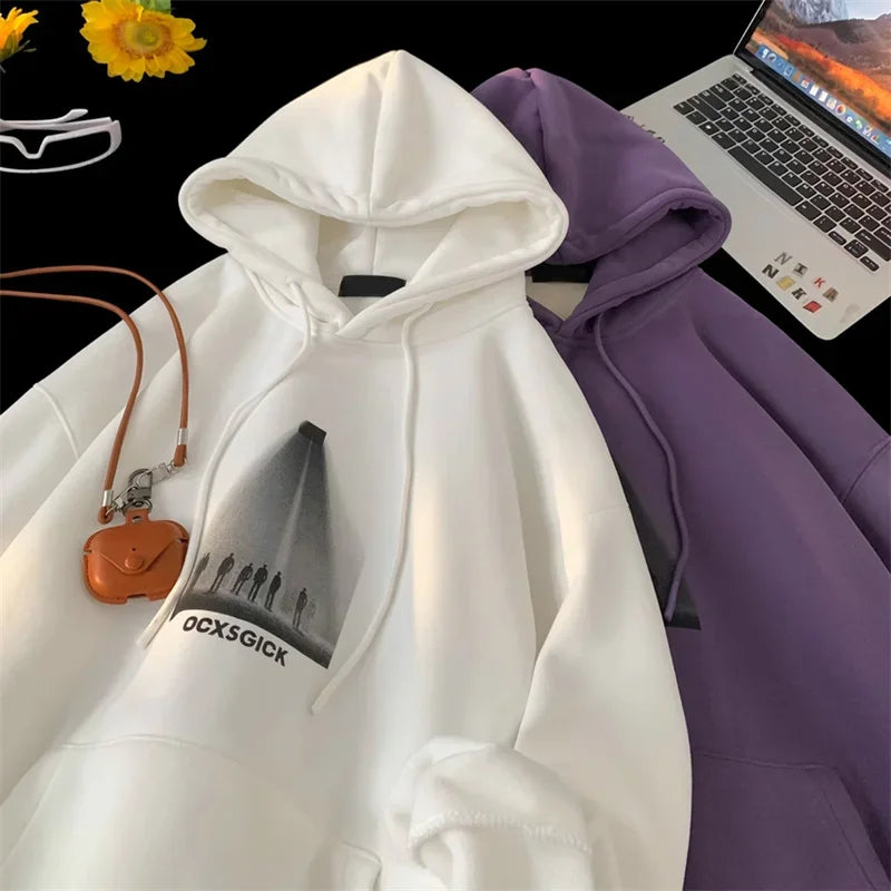 Photo Graphic Letter Print Drawstring Fleece Pullover Hoodie 4
