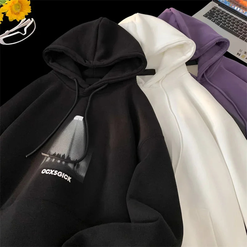 Photo Graphic Letter Print Drawstring Fleece Pullover Hoodie