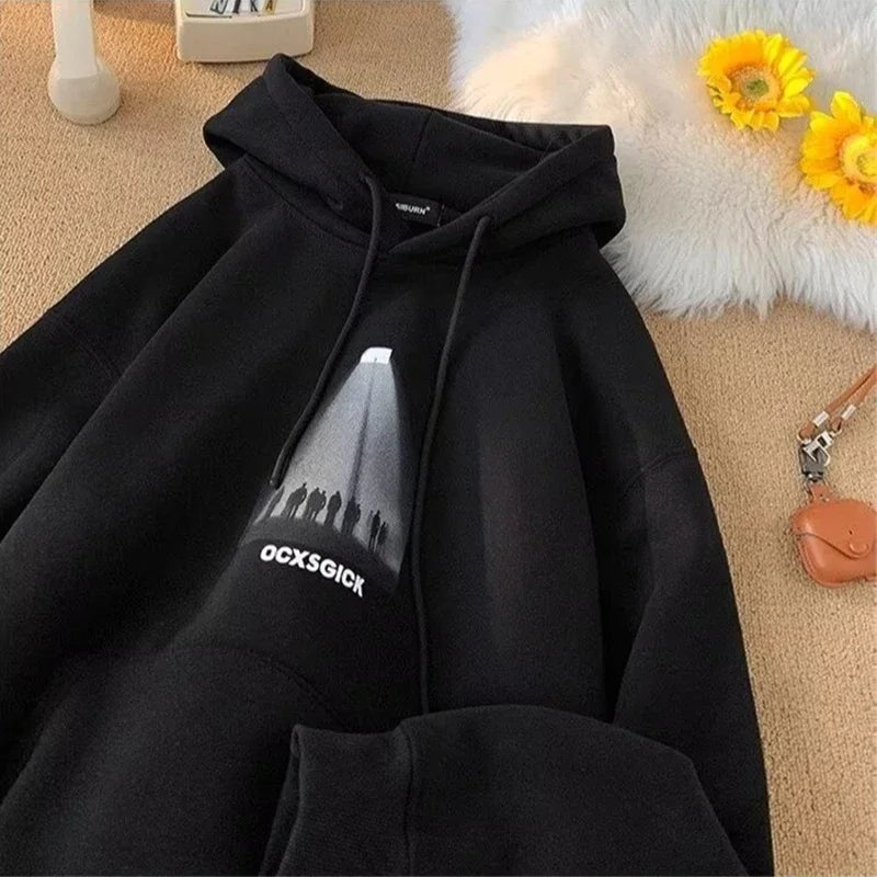 Photo Graphic Letter Print Drawstring Fleece Pullover Hoodie 6