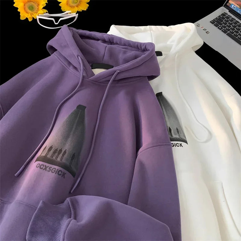 Photo Graphic Letter Print Drawstring Fleece Pullover Hoodie 3