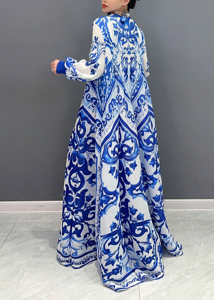 Architectural Print Crew Neck Lantern Sleeve Pleated Maxi Gown