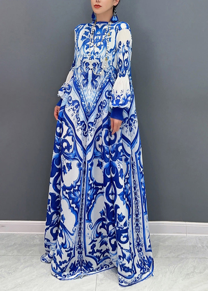 Architectural Print Crew Neck Lantern Sleeve Pleated Maxi Gown