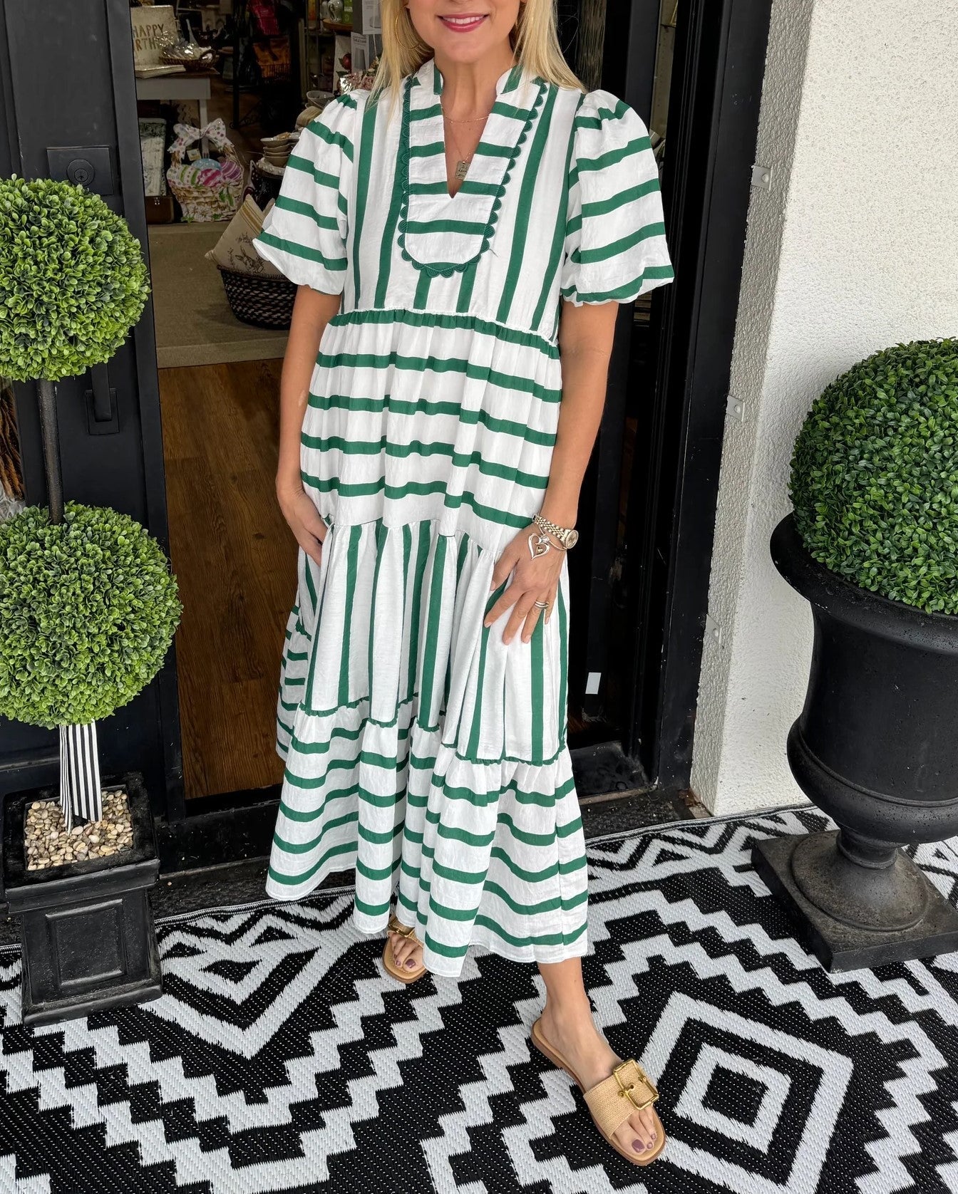 Striped V-Neck Puff Sleeve Tiered Midi Dress 5