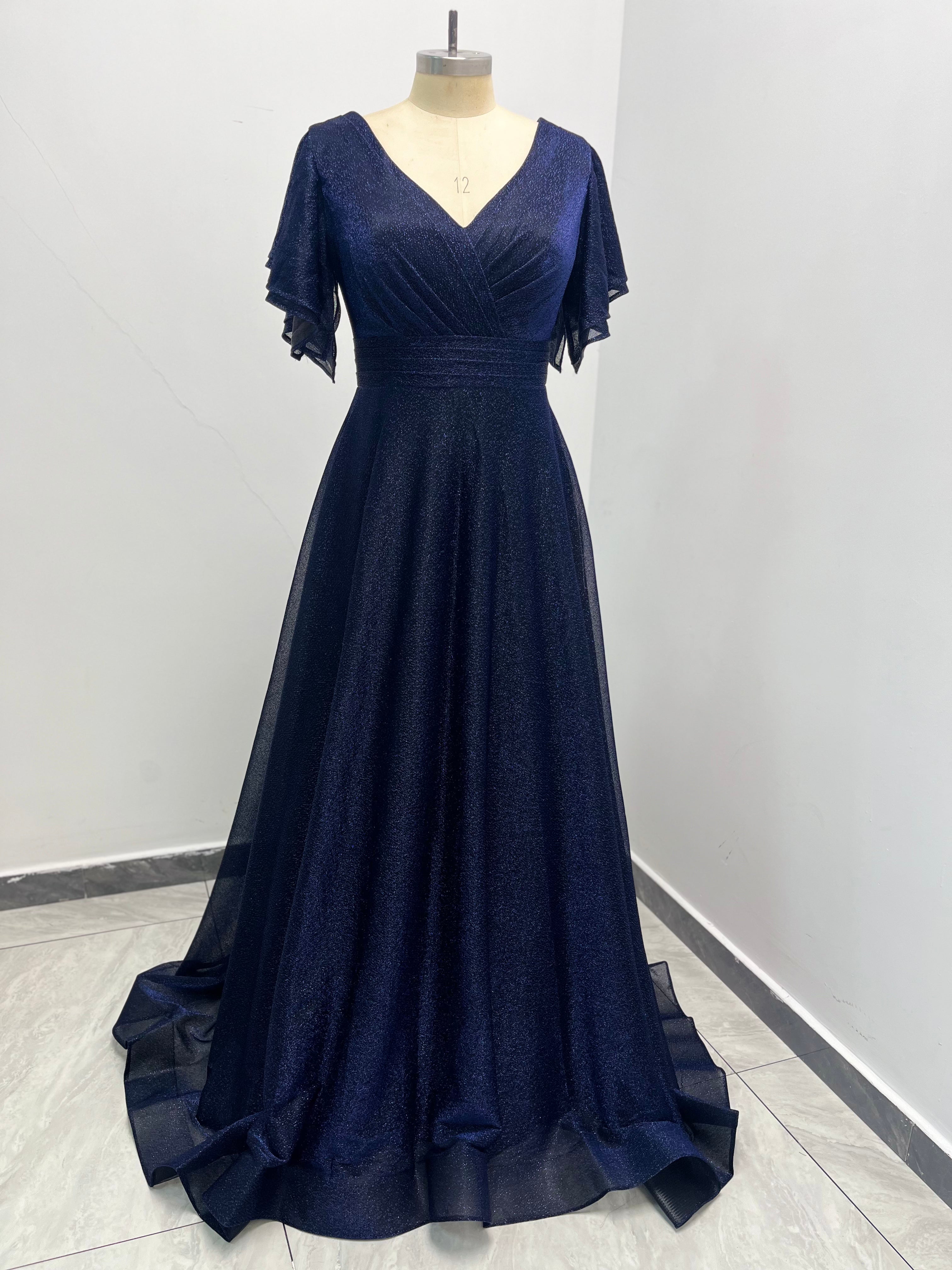 A-Line V-Neck Cap-Sleeves Formal Dress Glitter-Knit Pleated Tulle Prom Dress