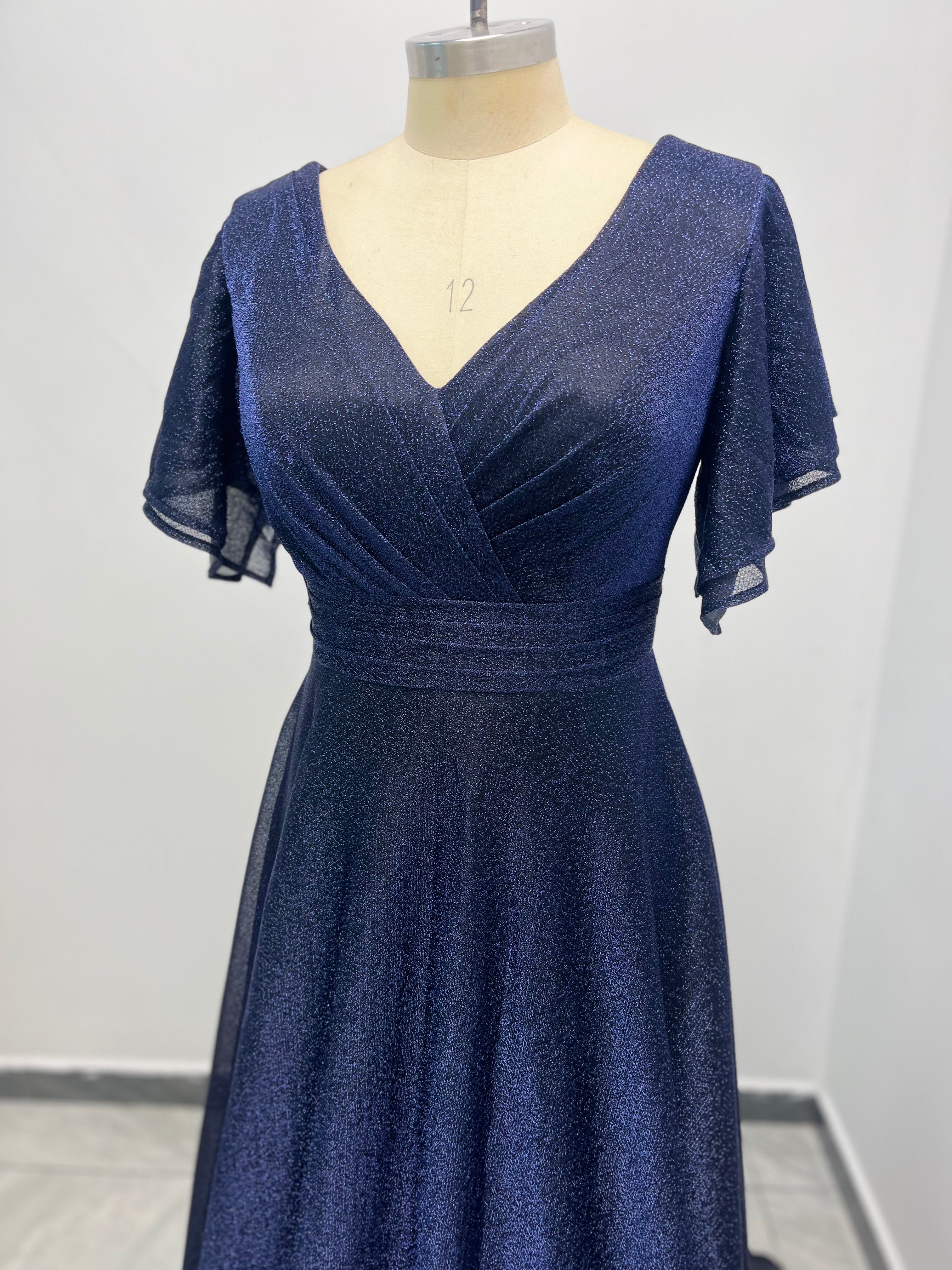 A-Line V-Neck Cap-Sleeves Formal Dress Glitter-Knit Pleated Tulle Prom Dress