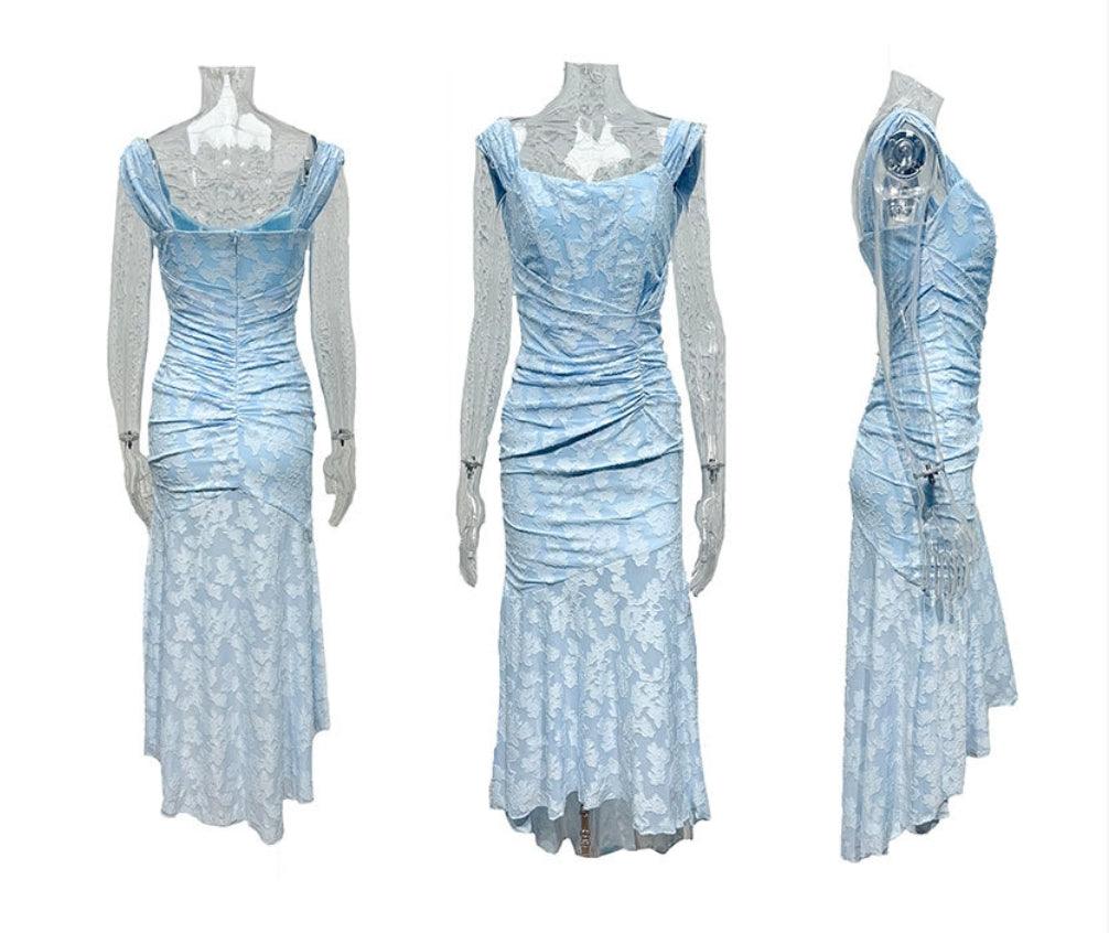Square Neck Corset Bodice Lace High Low Fishtail Maxi Dress