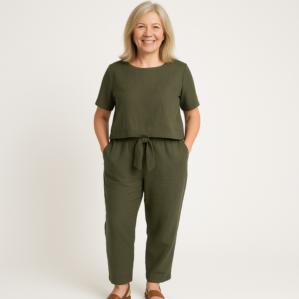 Boat Neck Short Sleeve Top and Tie Waist Tapered Pants Two Piece Set