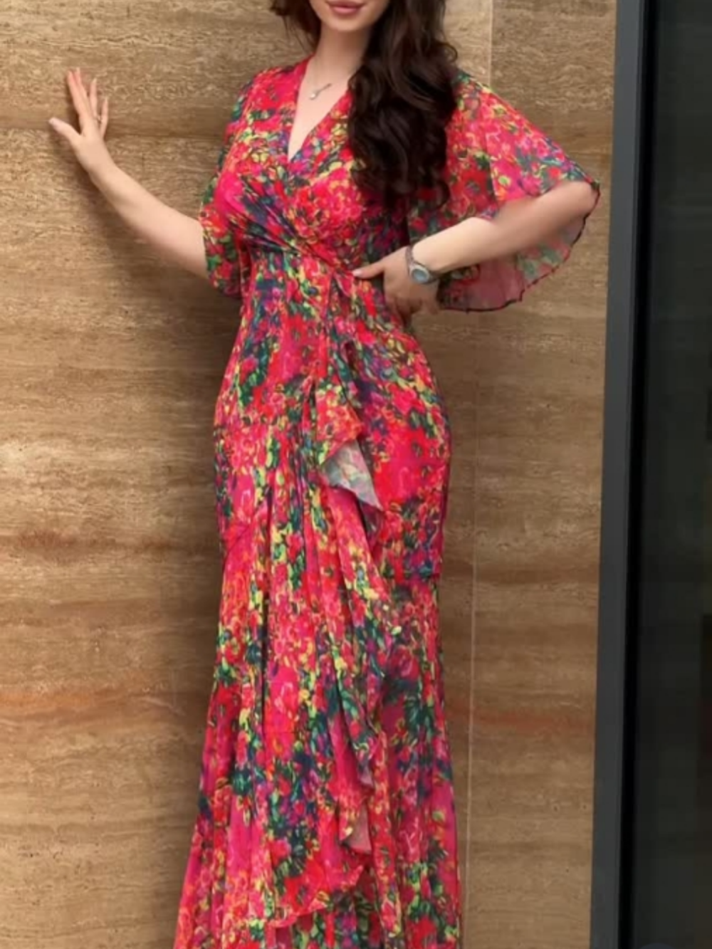 V-neck chiffon print dress with large sleeves Red