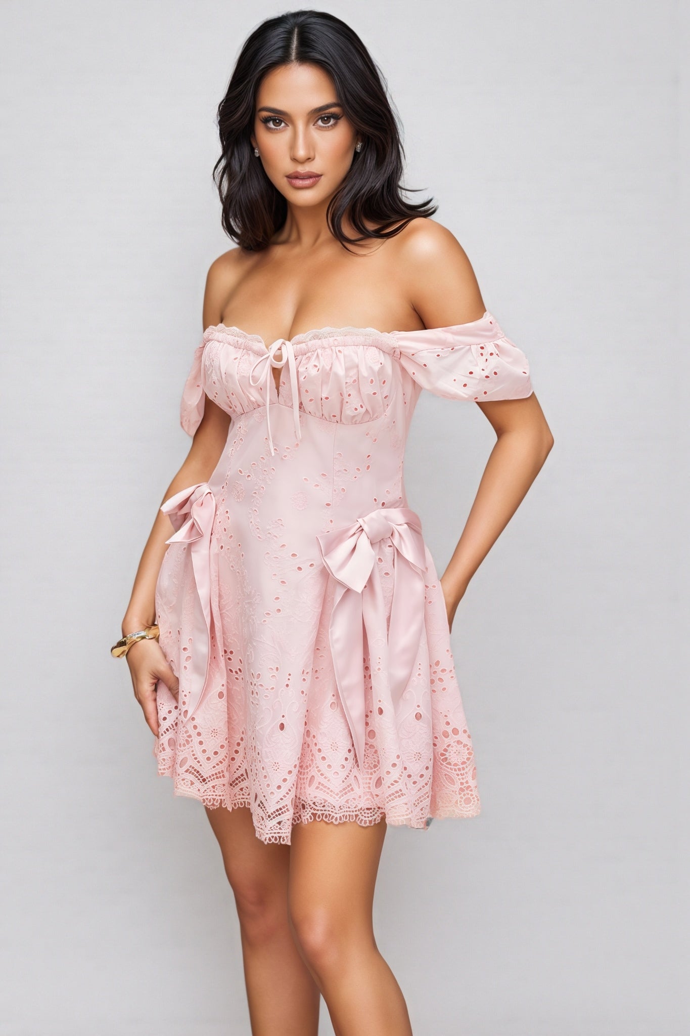 Rosella Embroidered Lace Off Shoulder Mini Dress - View 2