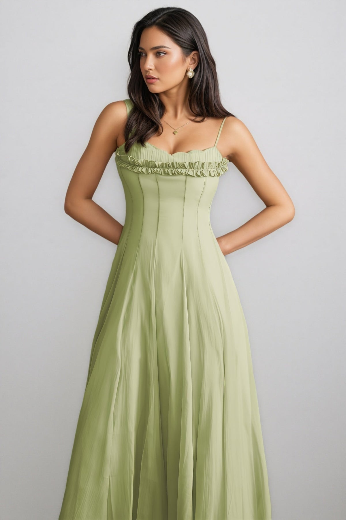Spaghetti Strap Ruffle Trim Corset Seam Bodice A-Line Maxi Dress 5