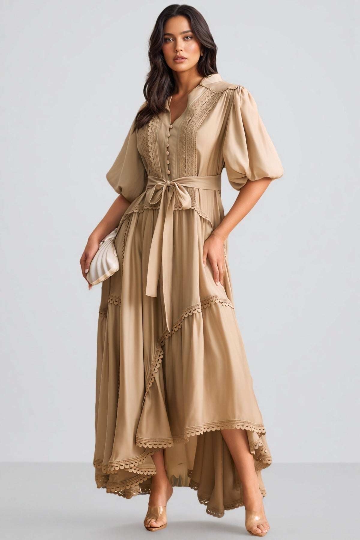 Lace Trim Puff Sleeve Button Front Tie Waist Tiered Maxi Dress