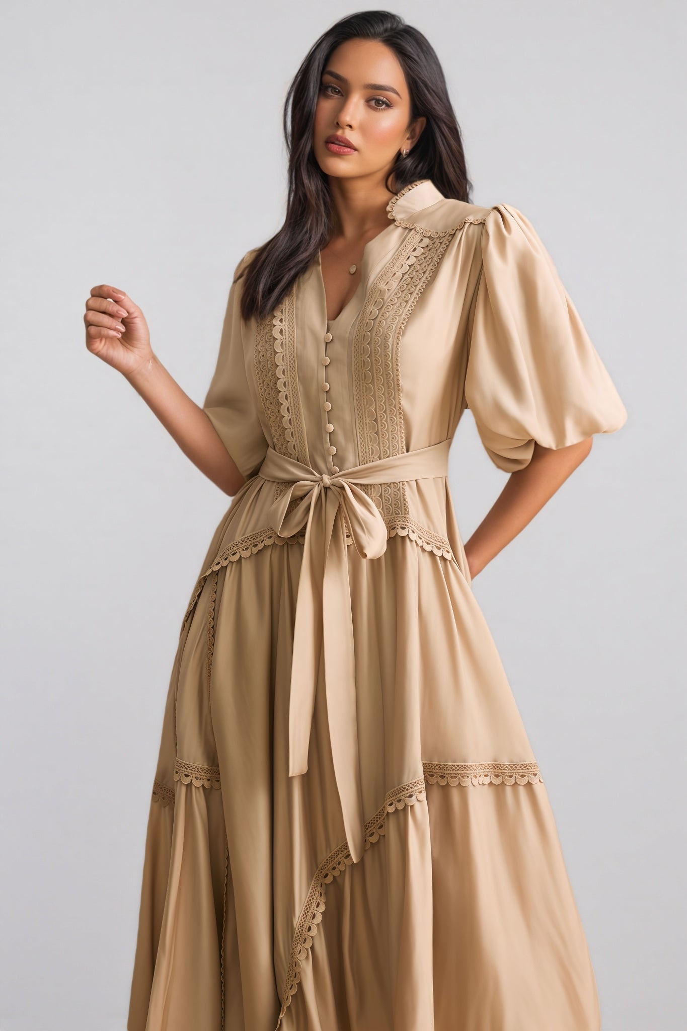 Beaufort Lace Trim Puff Sleeve Maxi Dress - View 3
