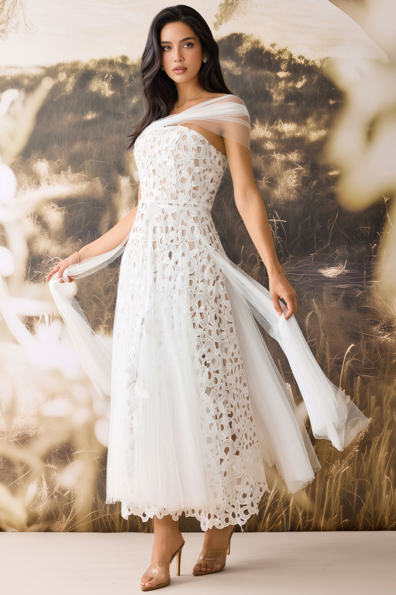 Penelope Off Shoulder Lace Embroidery Maxi Dress - View 3