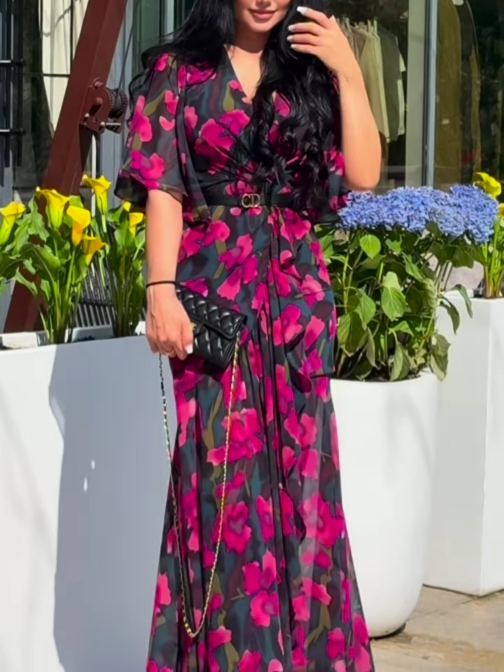 Retro V-neck trumpet sleeve printed dress Black
