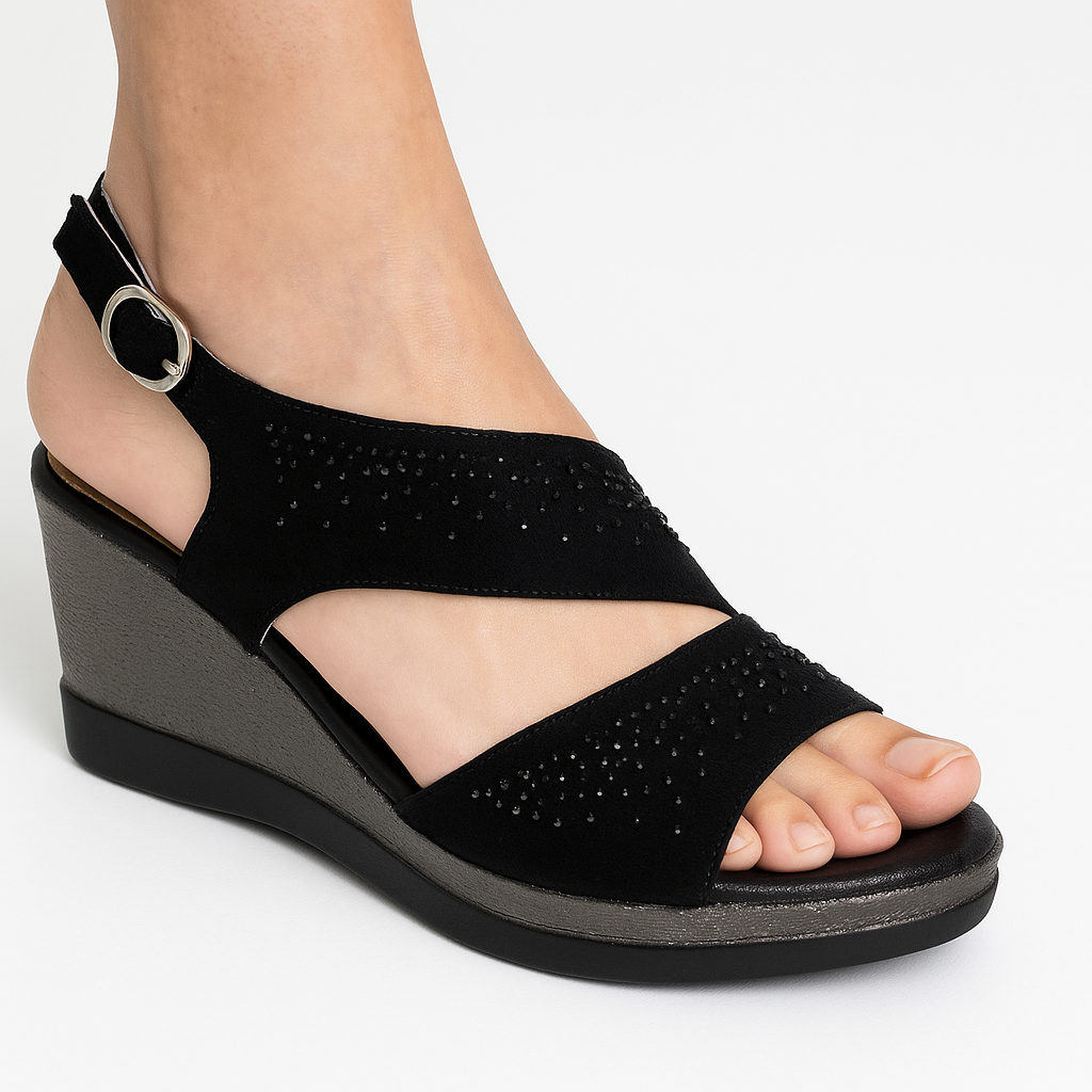 Open Toe Slingback Buckle Rhinestone Wedge Sandals