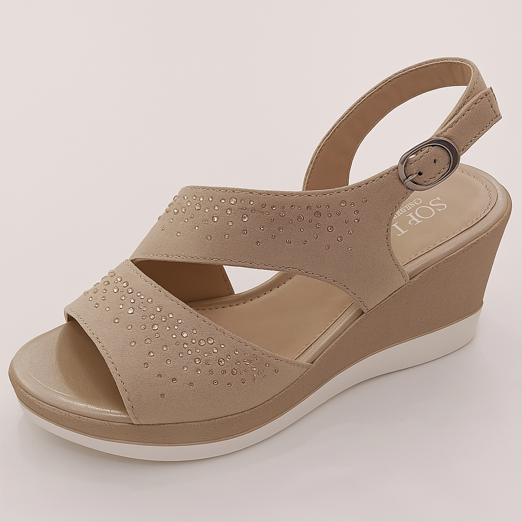 Open Toe Slingback Buckle Rhinestone Wedge Sandals