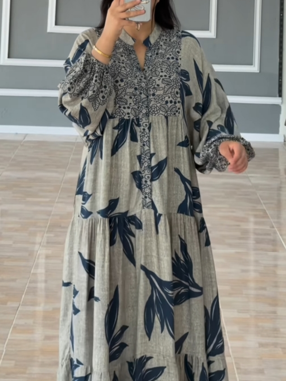 Printed lantern sleeves loose dress Grey