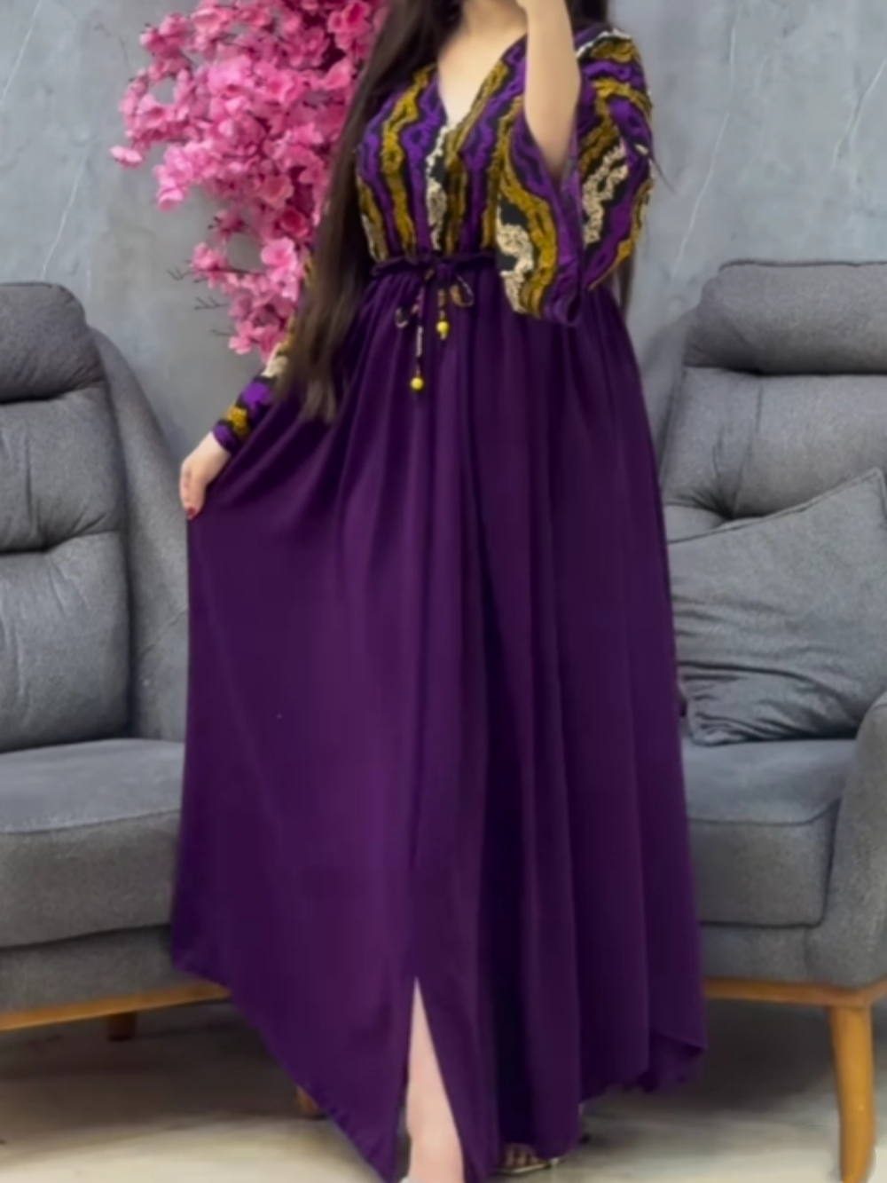 V-neck printed paneled slit dress Purple