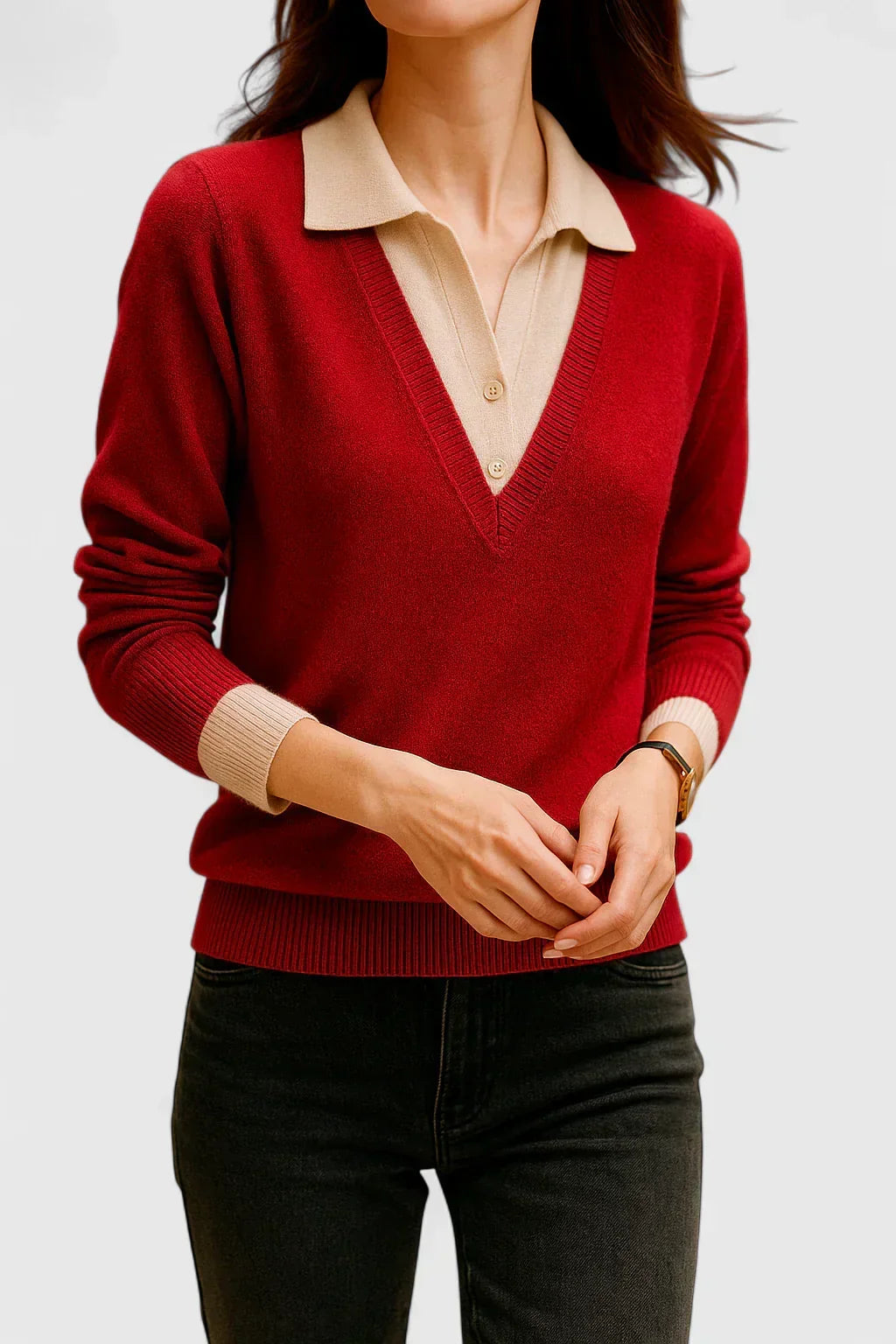 Polo Collar V-Neck Button Cuff Sweater
