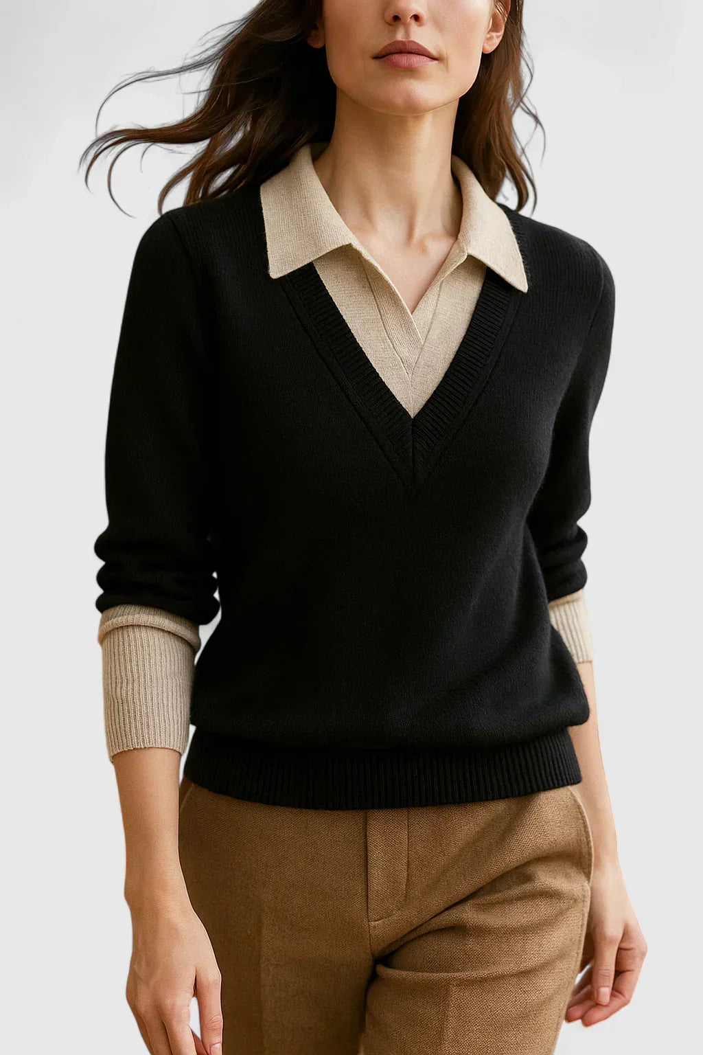 Polo Collar V-Neck Button Cuff Sweater