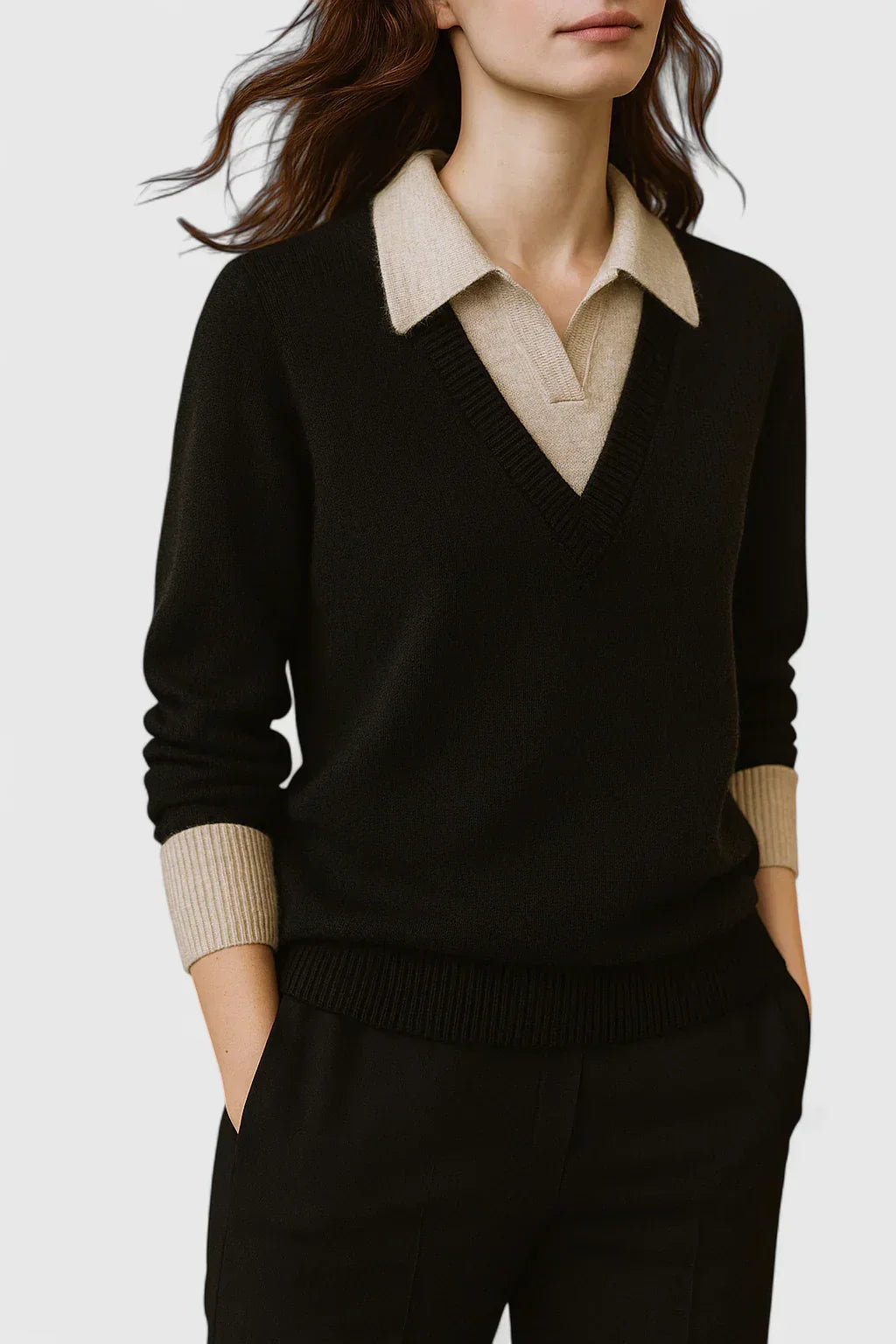 Polo Collar V-Neck Button Cuff Sweater