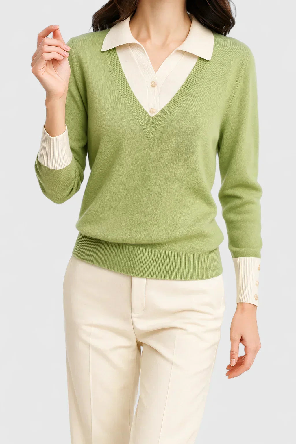 Polo Collar V-Neck Button Cuff Sweater