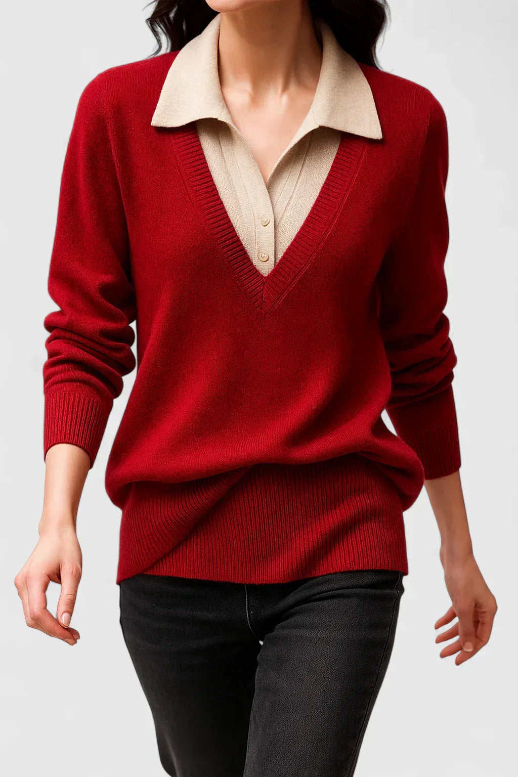 Polo Collar V-Neck Button Cuff Sweater