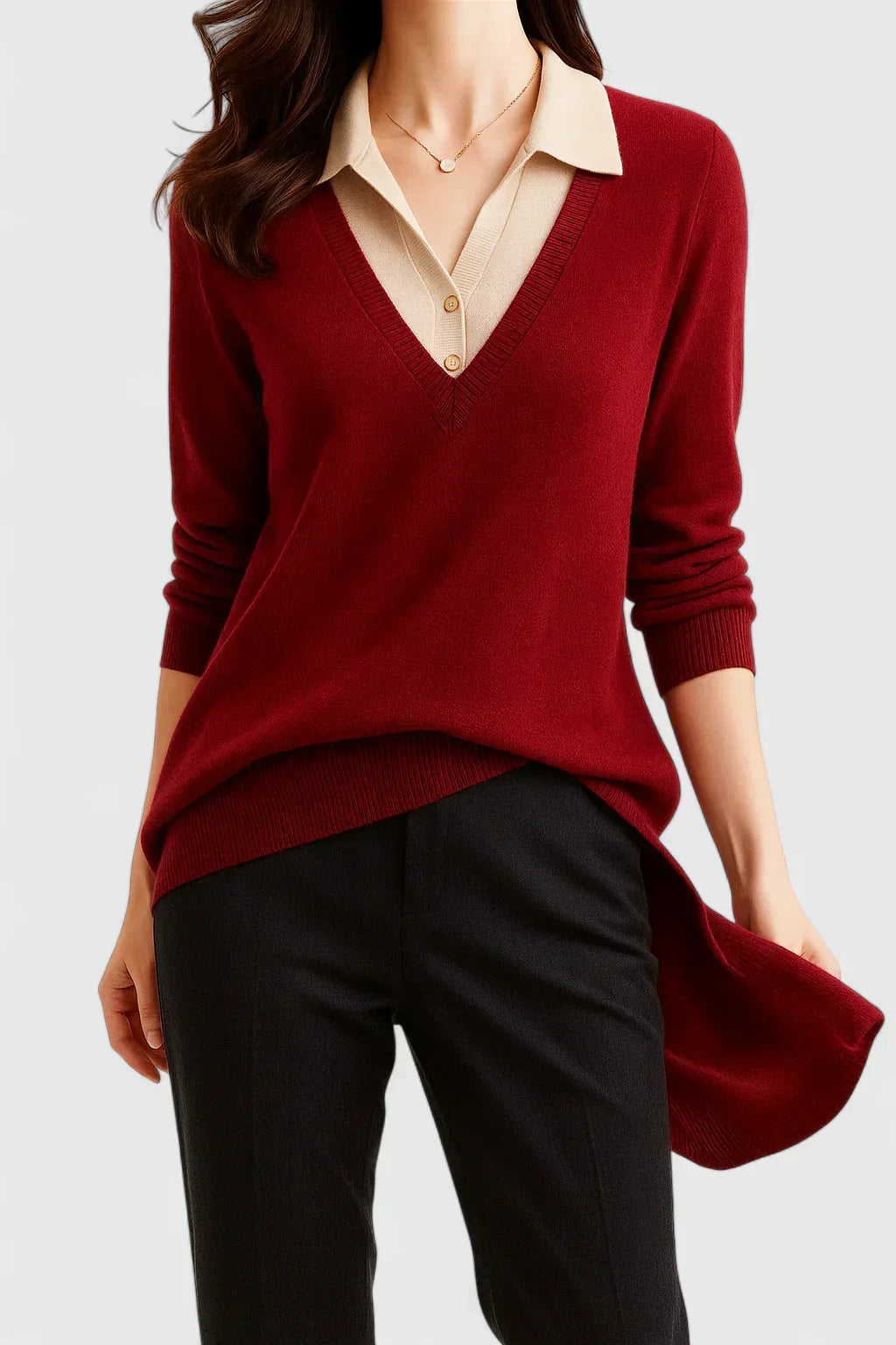Polo Collar V-Neck Button Cuff Sweater